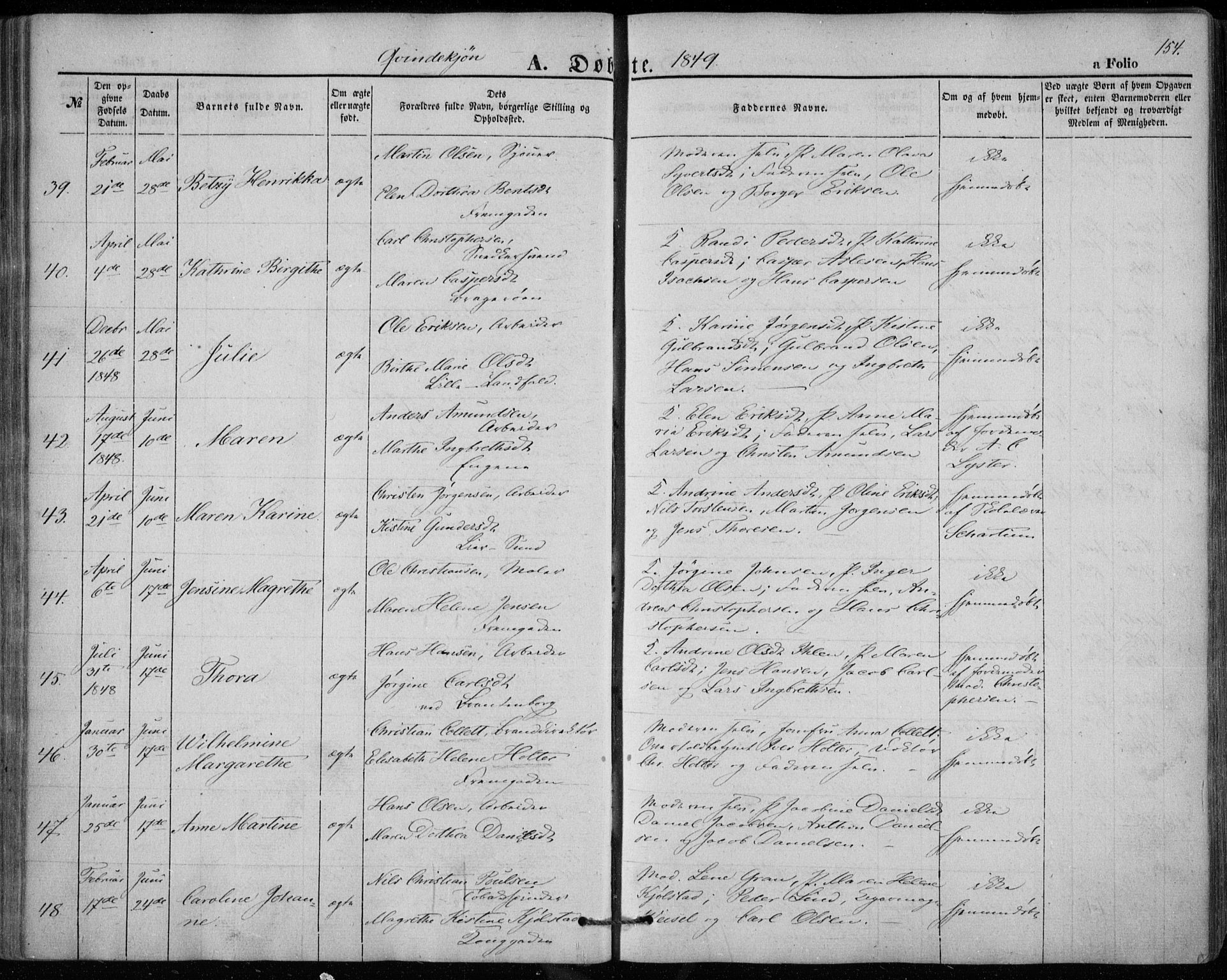 Bragernes kirkebøker, SAKO/A-6/F/Fb/L0002: Parish register (official) no. II 2, 1848-1859, p. 154