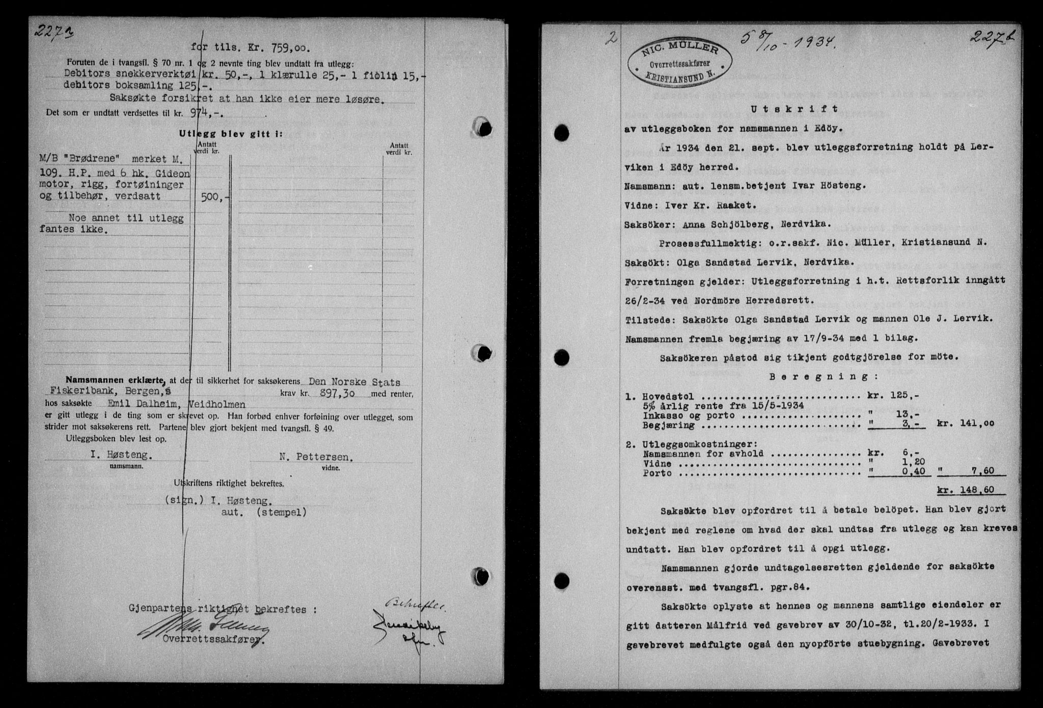 Nordmøre sorenskriveri, AV/SAT-A-4132/1/2/2Ca/L0082: Mortgage book no. 72, 1934-1934, Deed date: 08.10.1934