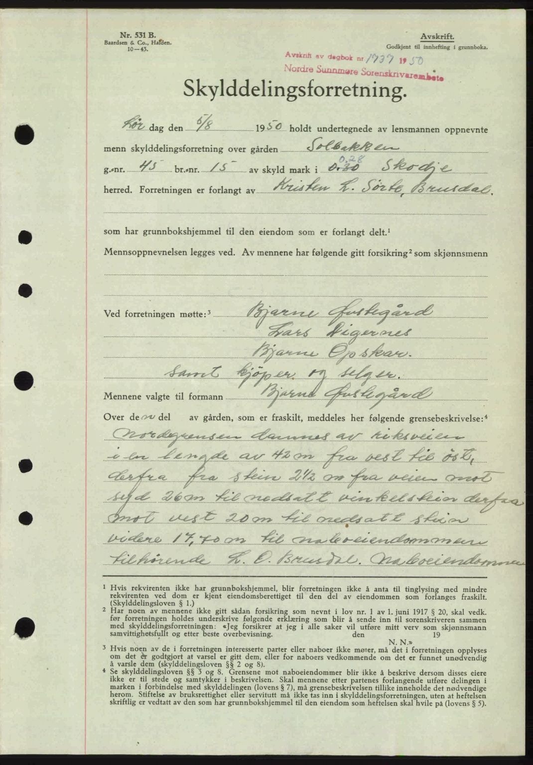 Nordre Sunnmøre sorenskriveri, AV/SAT-A-0006/1/2/2C/2Ca: Mortgage book no. A35, 1950-1950, Diary no: : 1737/1950