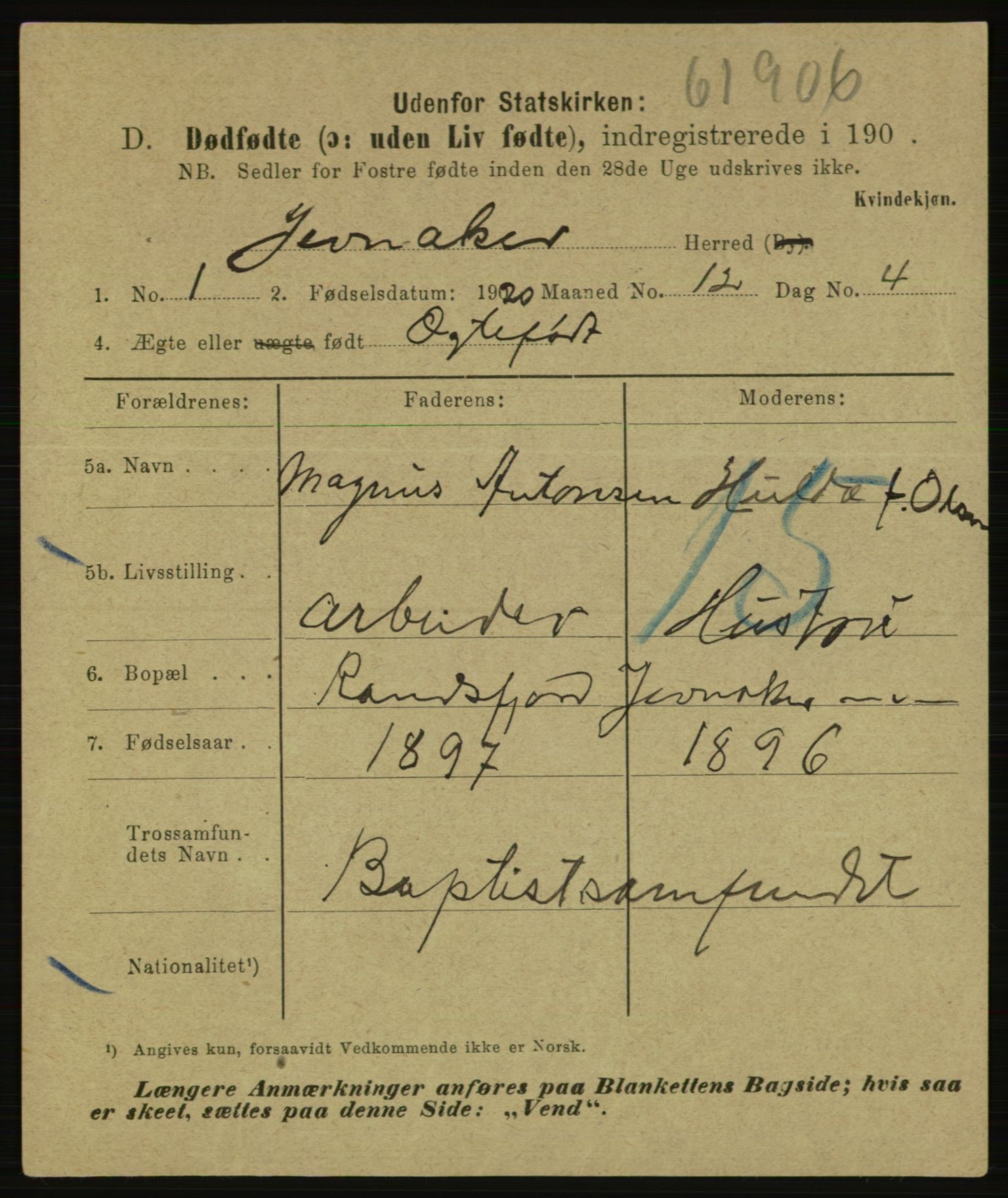 Statistisk sentralbyrå, Sosiodemografiske emner, Befolkning, AV/RA-S-2228/E/L0018: Fødte, gifte, døde dissentere., 1920, p. 3657