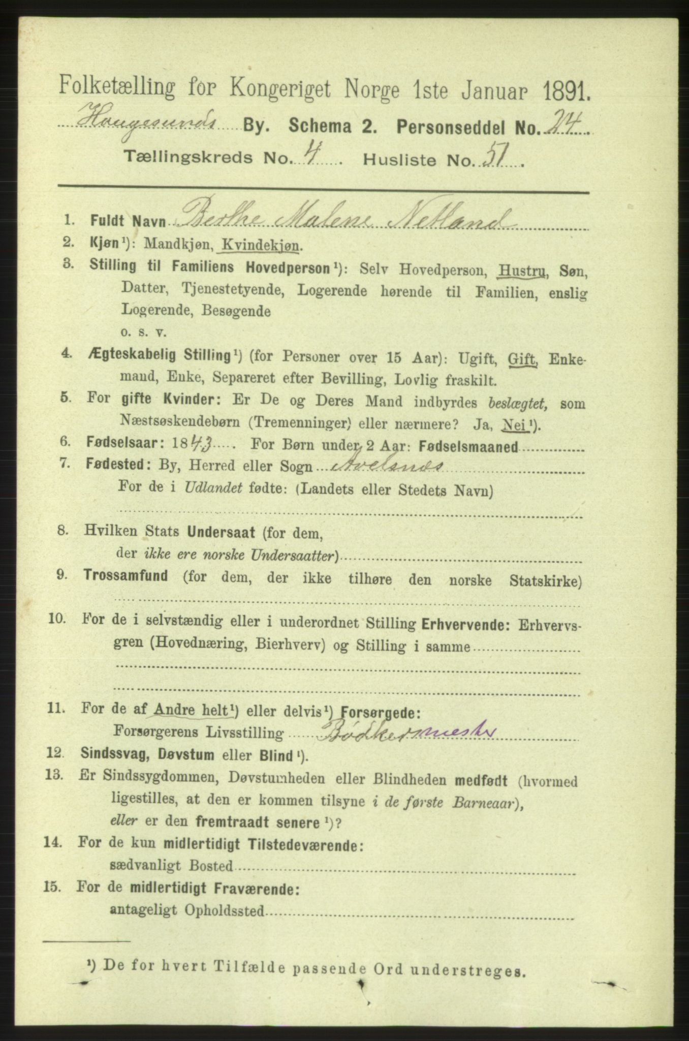 RA, 1891 census for 1106 Haugesund, 1891, p. 1922