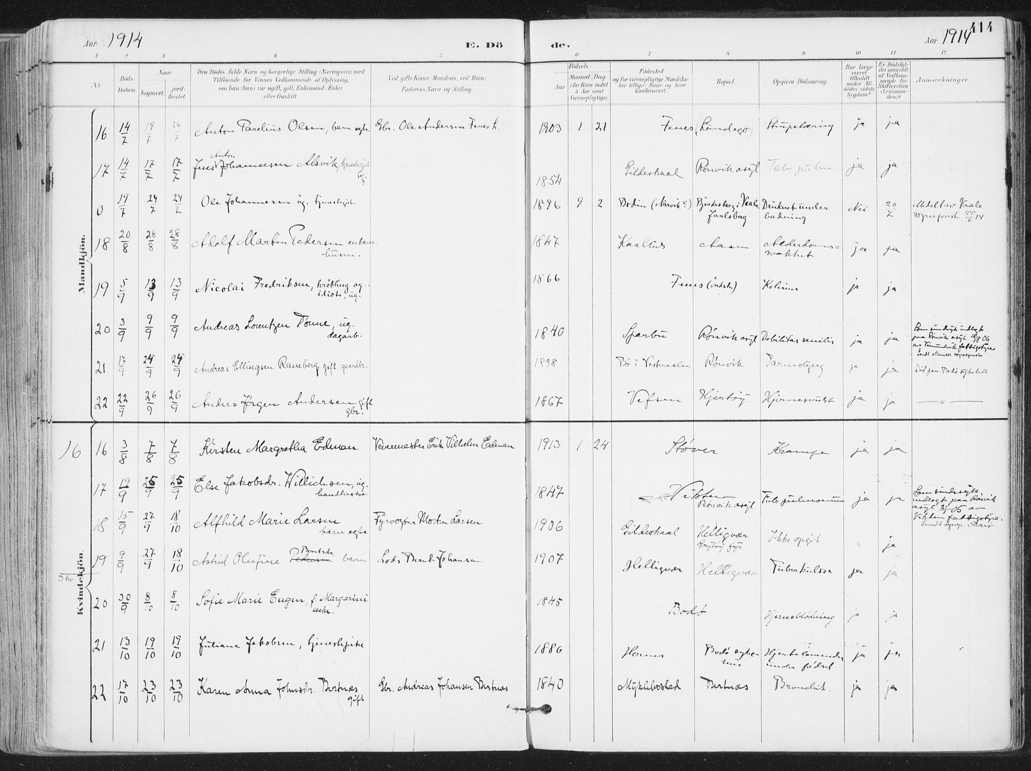 Ministerialprotokoller, klokkerbøker og fødselsregistre - Nordland, SAT/A-1459/802/L0055: Parish register (official) no. 802A02, 1894-1915, p. 414