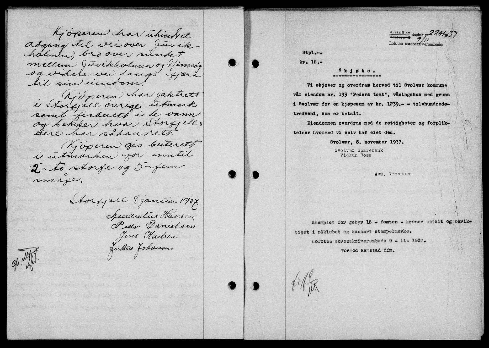 Lofoten sorenskriveri, SAT/A-0017/1/2/2C/L0003a: Mortgage book no. 3a, 1937-1938, Diary no: : 2291/1937