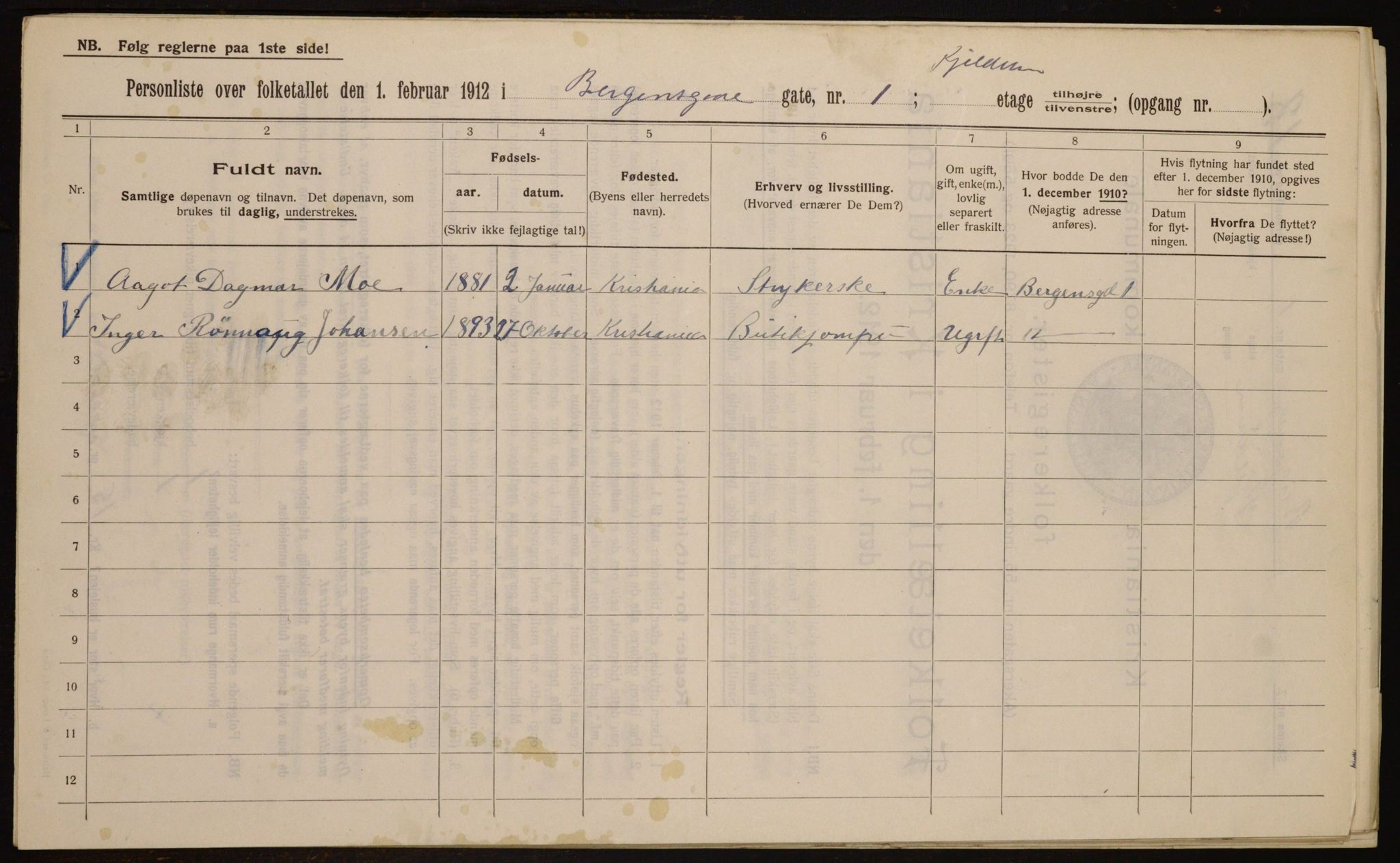 OBA, Municipal Census 1912 for Kristiania, 1912, p. 3687