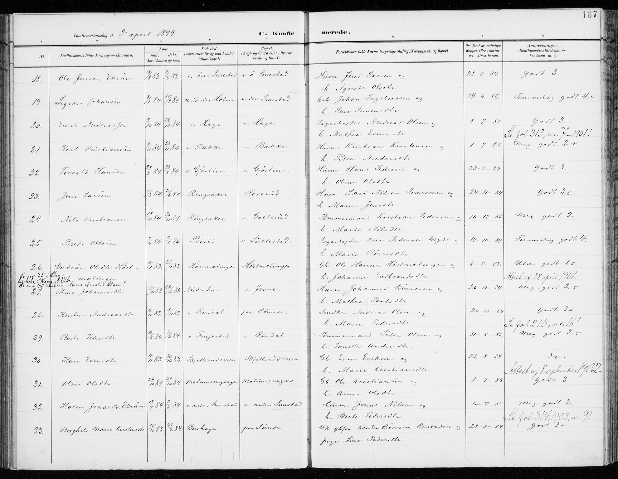 Fåberg prestekontor, AV/SAH-PREST-086/H/Ha/Haa/L0011: Parish register (official) no. 11, 1899-1913, p. 137