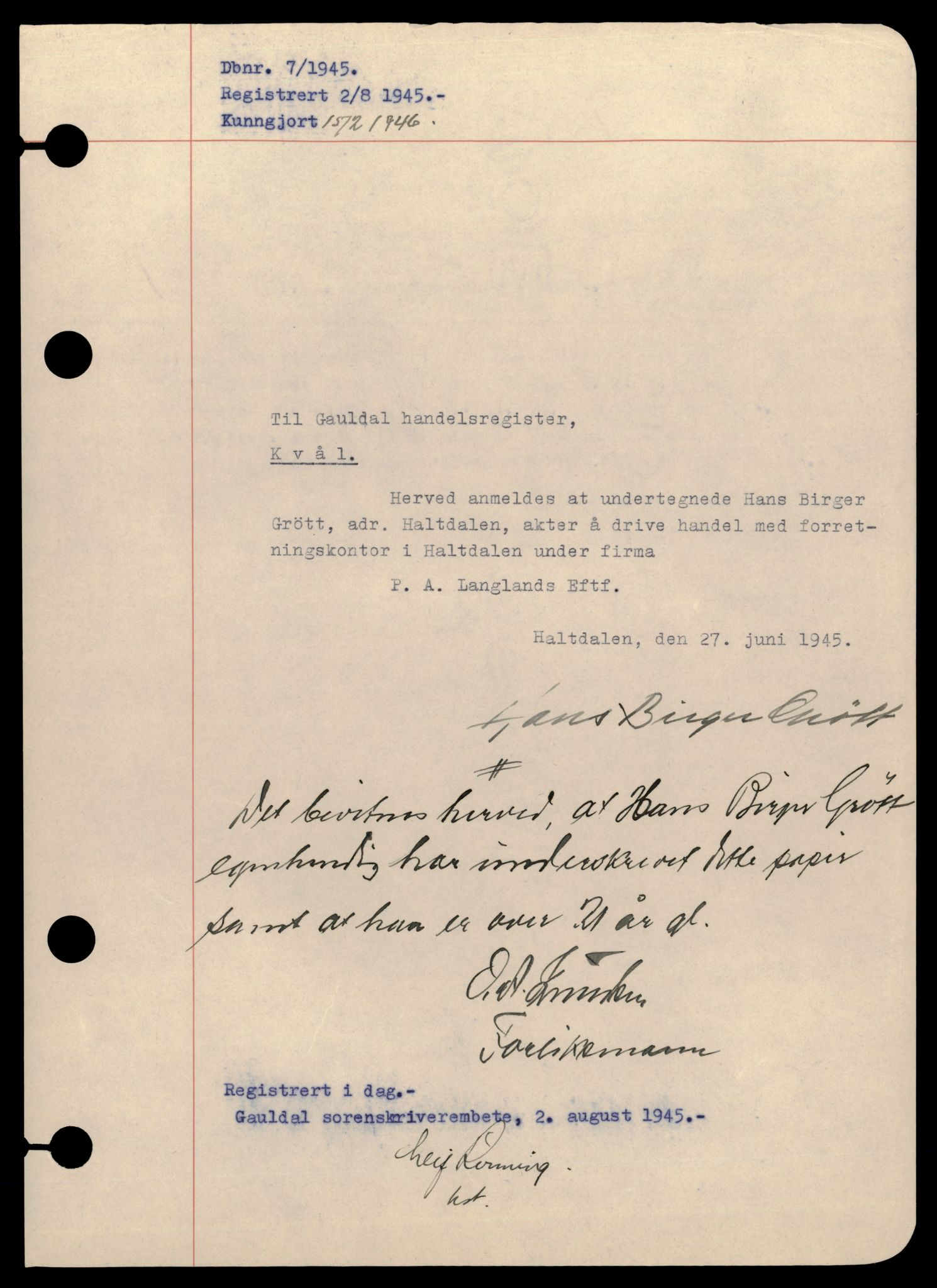 Gauldal sorenskriveri, AV/SAT-A-0014/2/J/Jd/Jdc/L0002: Bilag, enkeltmannsforetak, L-Å, 1944-1990, p. 3