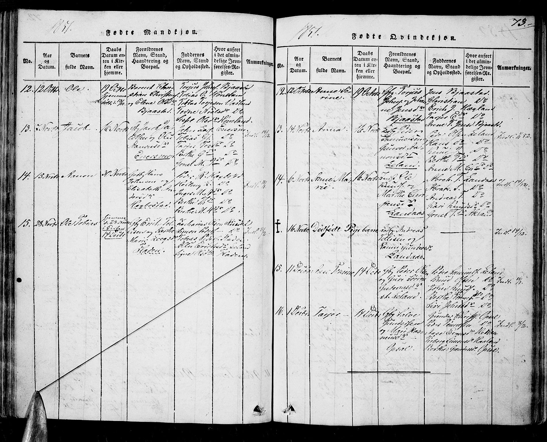 Nord-Audnedal sokneprestkontor, AV/SAK-1111-0032/F/Fa/Fab/L0001: Parish register (official) no. A 1, 1816-1858, p. 73