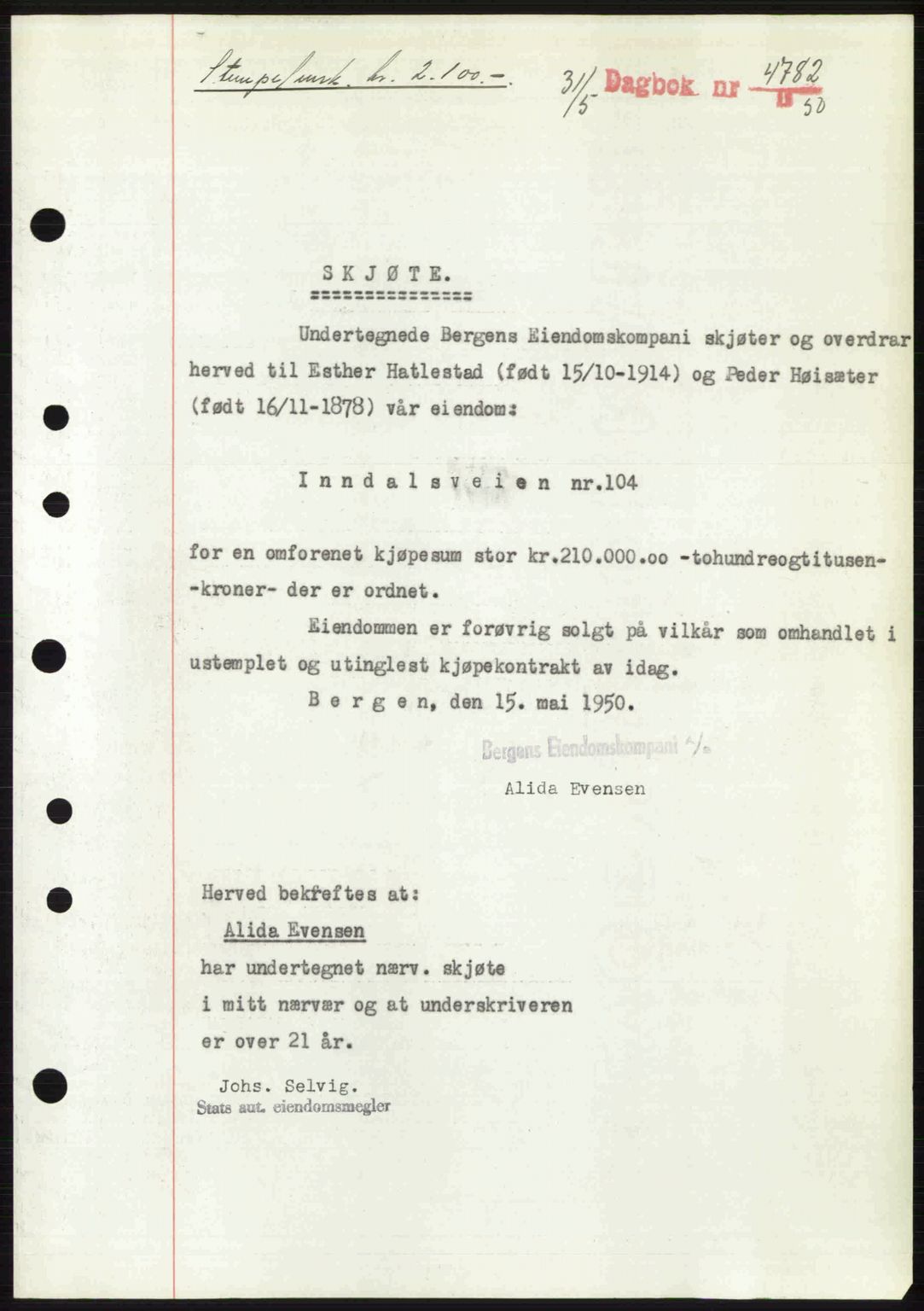 Byfogd og Byskriver i Bergen, AV/SAB-A-3401/03/03Bc/L0032: Mortgage book no. A26, 1950-1950, Diary no: : 4782/1950