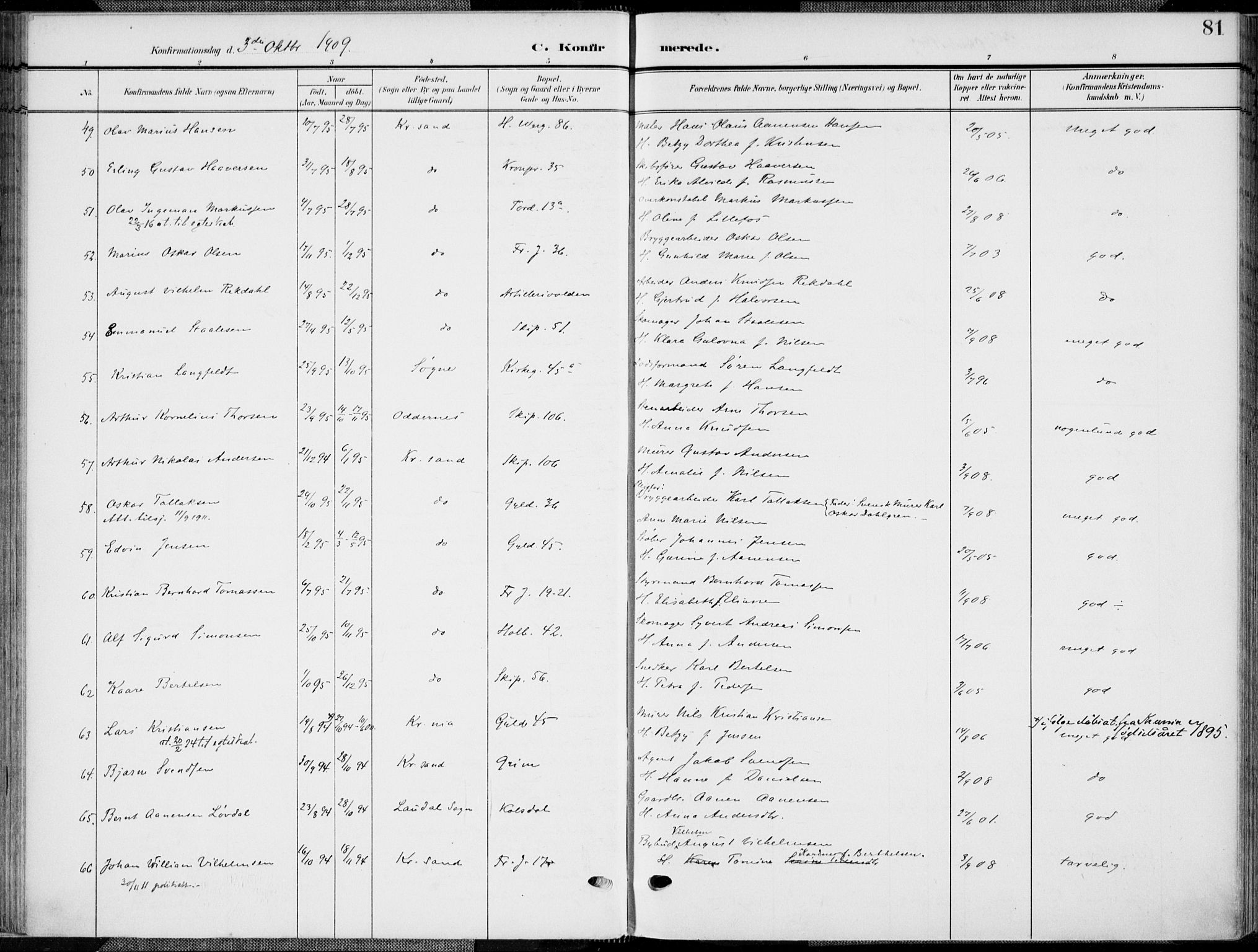 Kristiansand domprosti, AV/SAK-1112-0006/F/Fa/L0022: Parish register (official) no. A 21, 1905-1916, p. 81