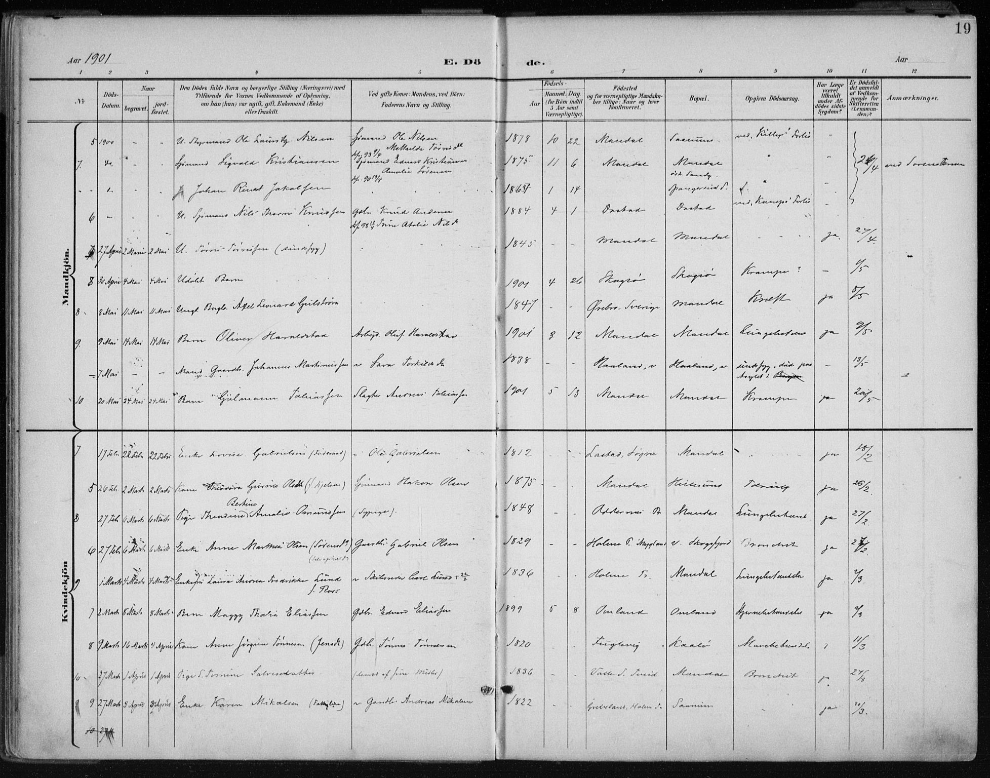 Mandal sokneprestkontor, SAK/1111-0030/F/Fa/Faa/L0021: Parish register (official) no. A 21, 1898-1913, p. 19