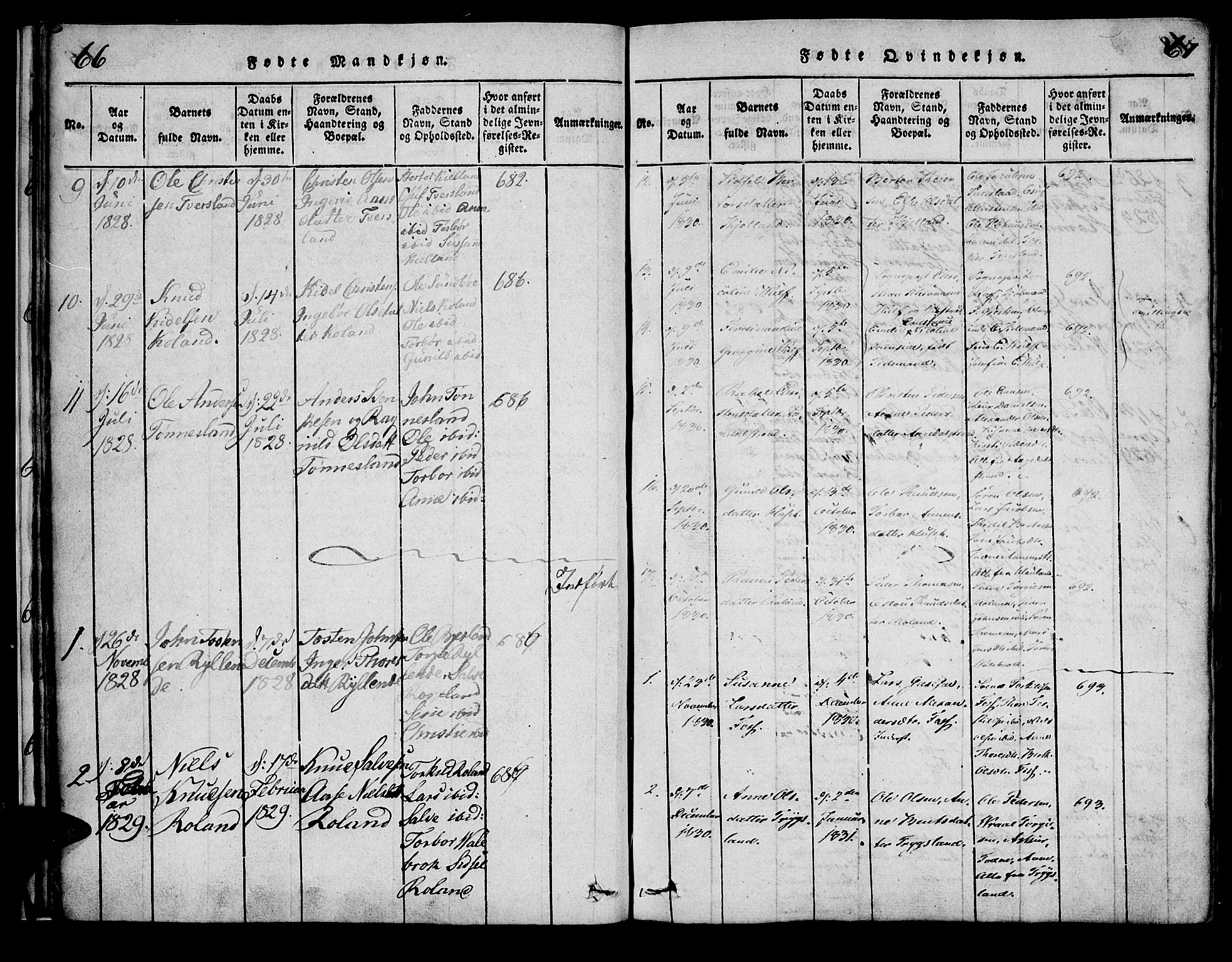 Bjelland sokneprestkontor, SAK/1111-0005/F/Fa/Faa/L0002: Parish register (official) no. A 2, 1816-1866, p. 66-67