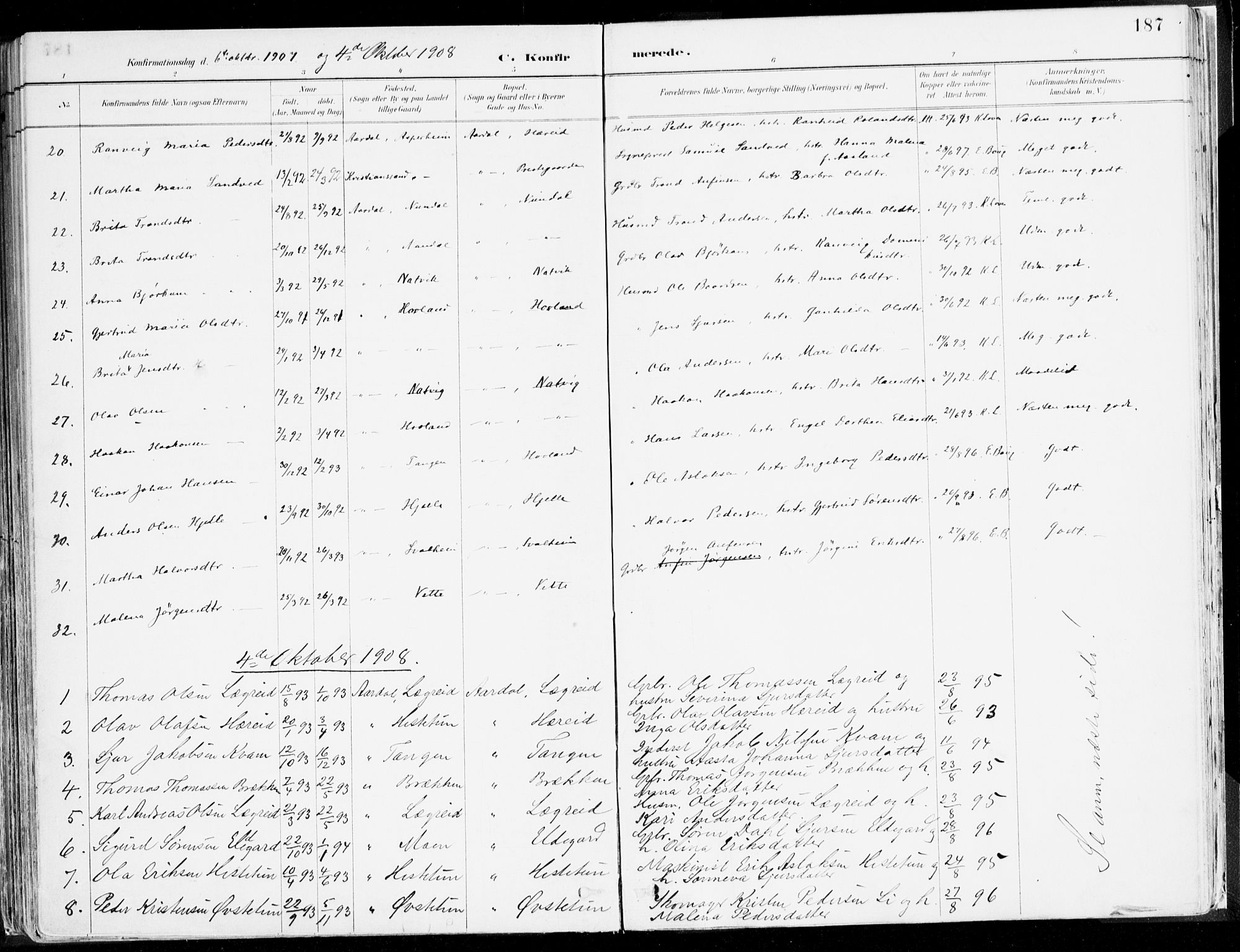 Årdal sokneprestembete, SAB/A-81701: Parish register (official) no. A 5, 1887-1917, p. 187