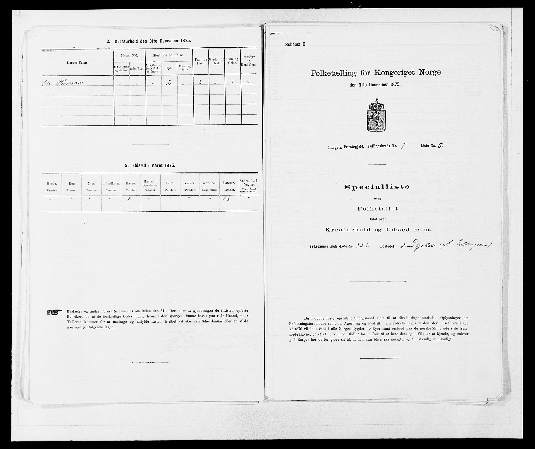 SAB, 1875 census for 1261P Manger, 1875, p. 1018