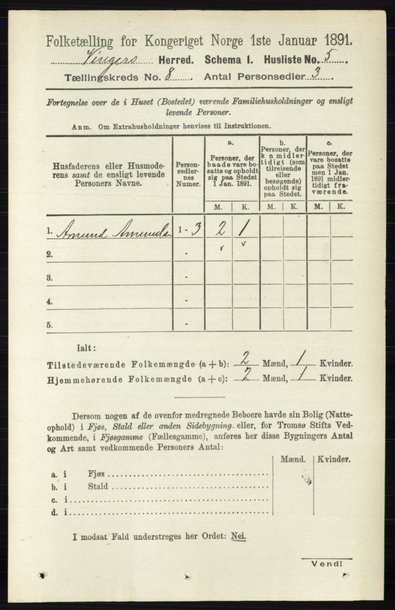 RA, 1891 census for 0421 Vinger, 1891, p. 3530