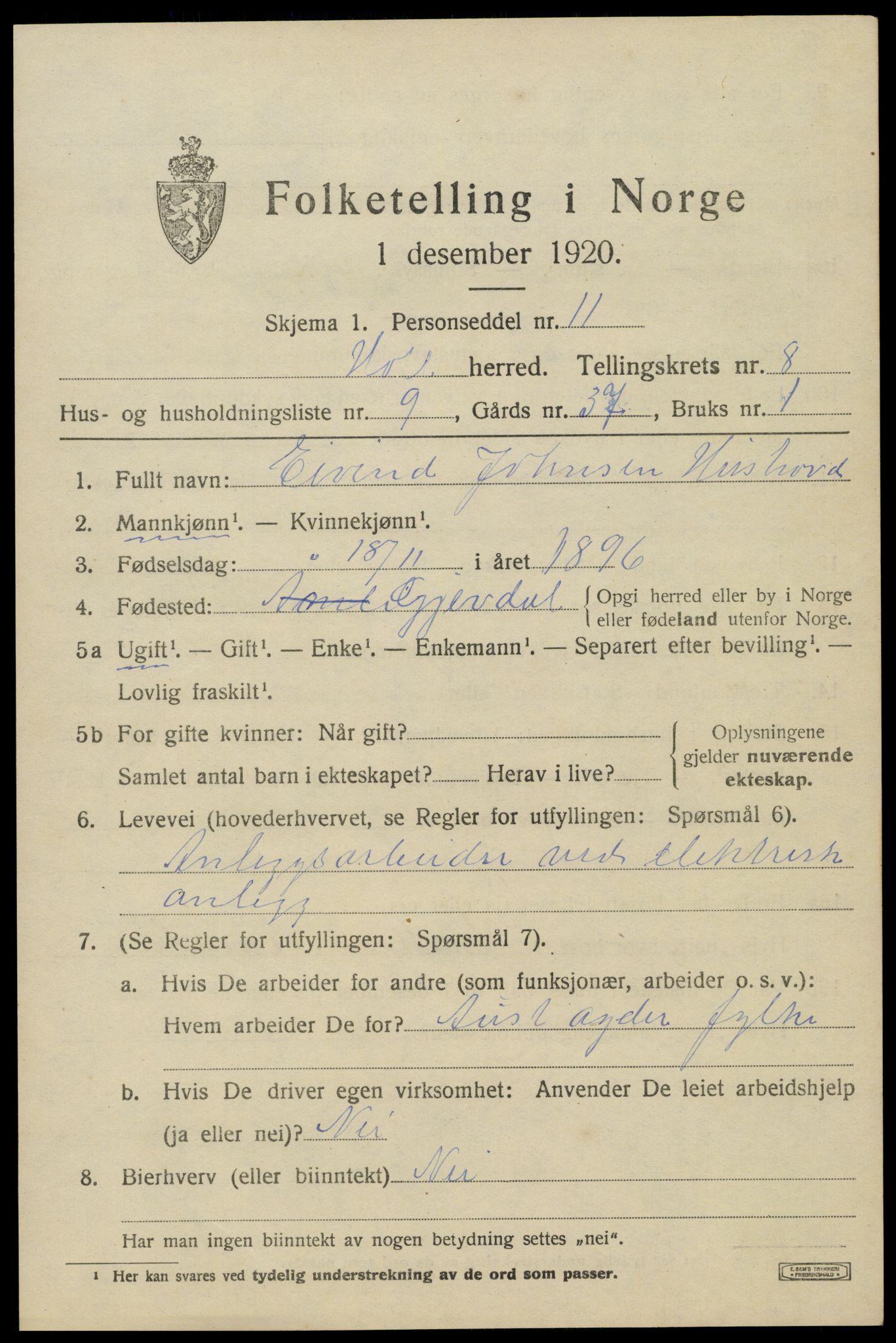 SAK, 1920 census for Holt, 1920, p. 5034