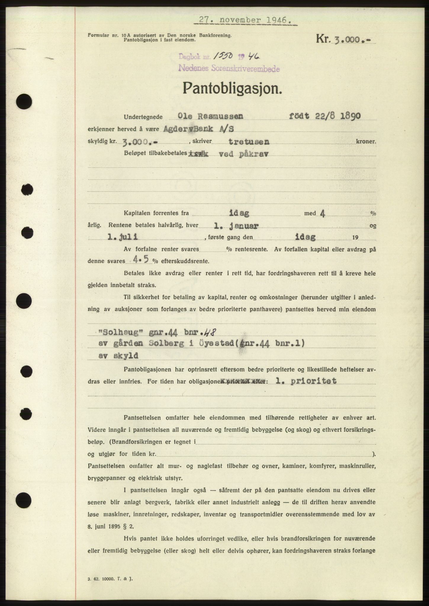 Nedenes sorenskriveri, SAK/1221-0006/G/Gb/Gbb/L0003: Mortgage book no. B3b, 1946-1946, Diary no: : 1550/1946
