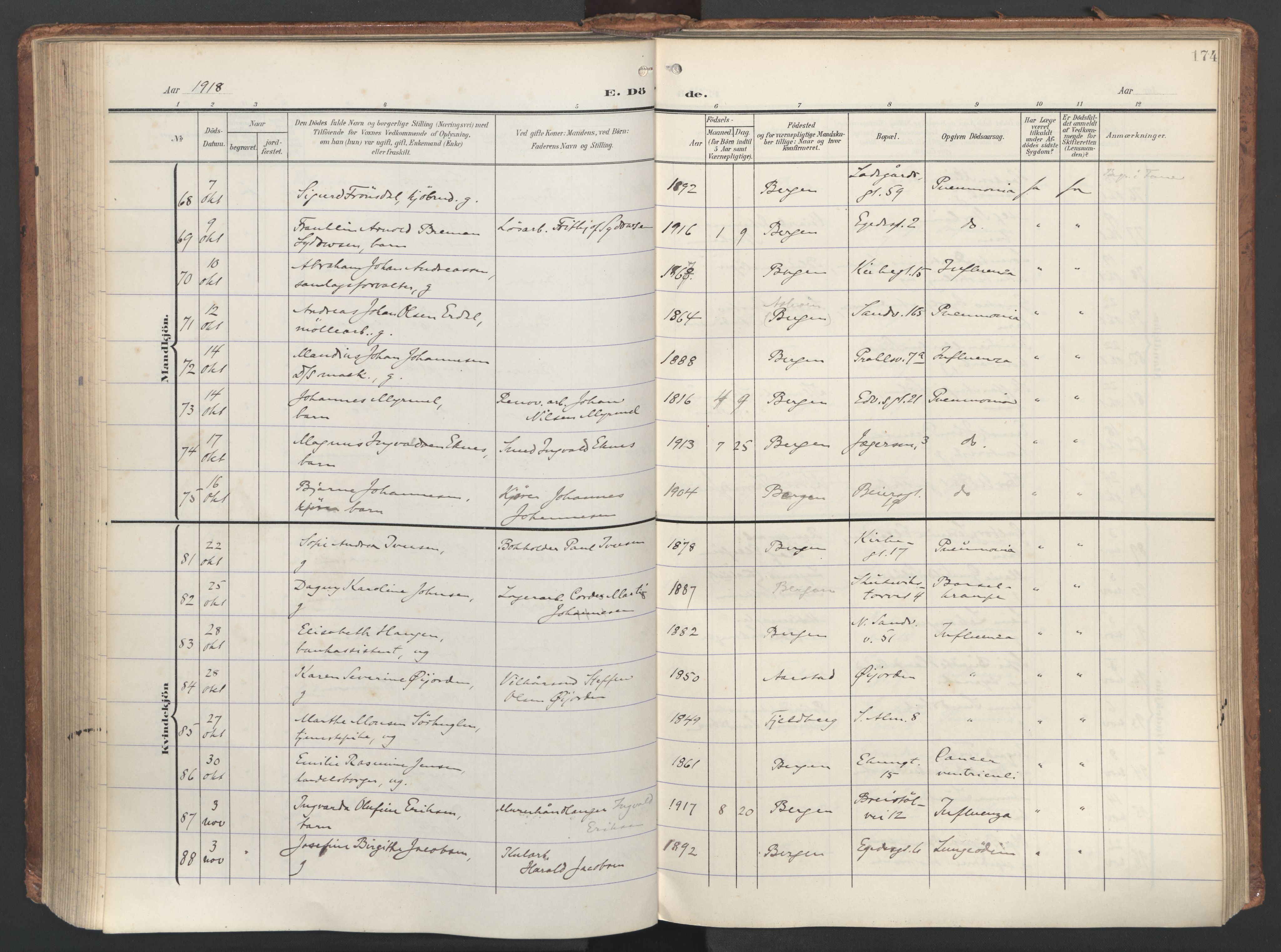 Sandviken Sokneprestembete, SAB/A-77601/H/Ha/L0019: Parish register (official) no. E 2, 1905-1933, p. 174