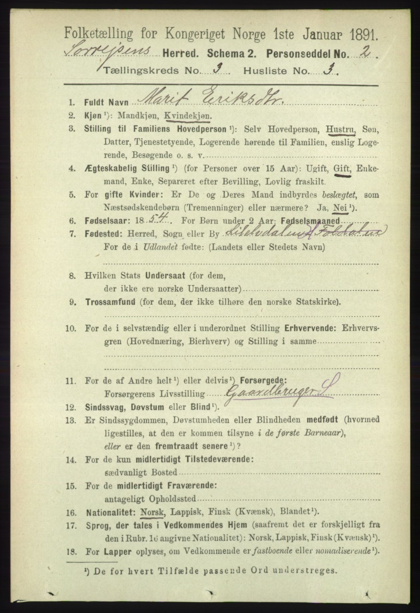 RA, 1891 census for 1925 Sørreisa, 1891, p. 699