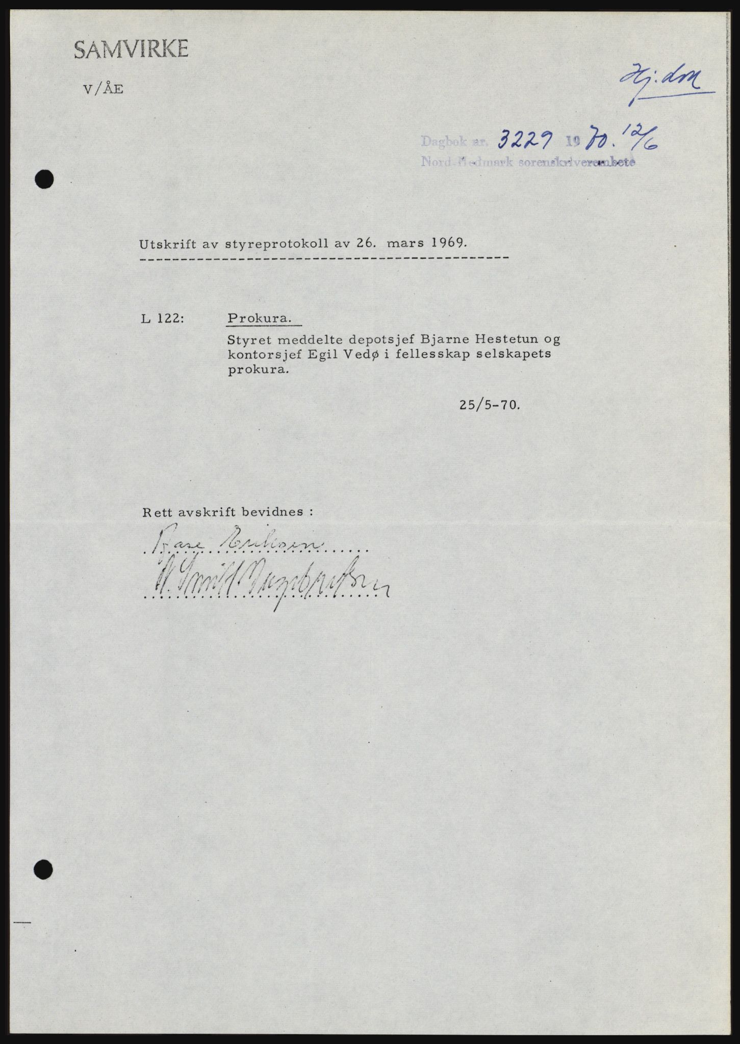 Nord-Hedmark sorenskriveri, SAH/TING-012/H/Hc/L0033: Mortgage book no. 33, 1970-1970, Diary no: : 3229/1970