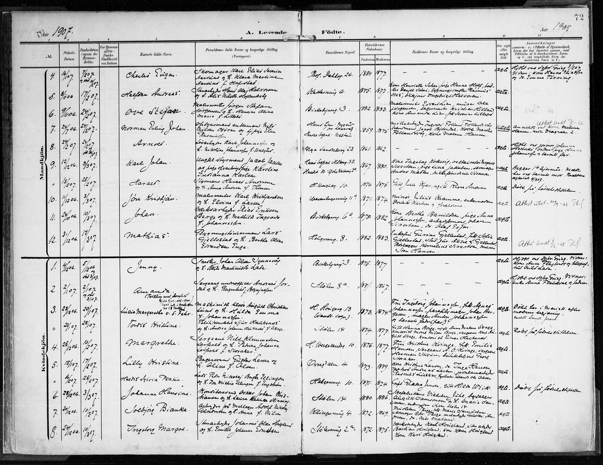 Mariakirken Sokneprestembete, SAB/A-76901/H/Haa/L0010: Parish register (official) no. B 1, 1901-1915, p. 72
