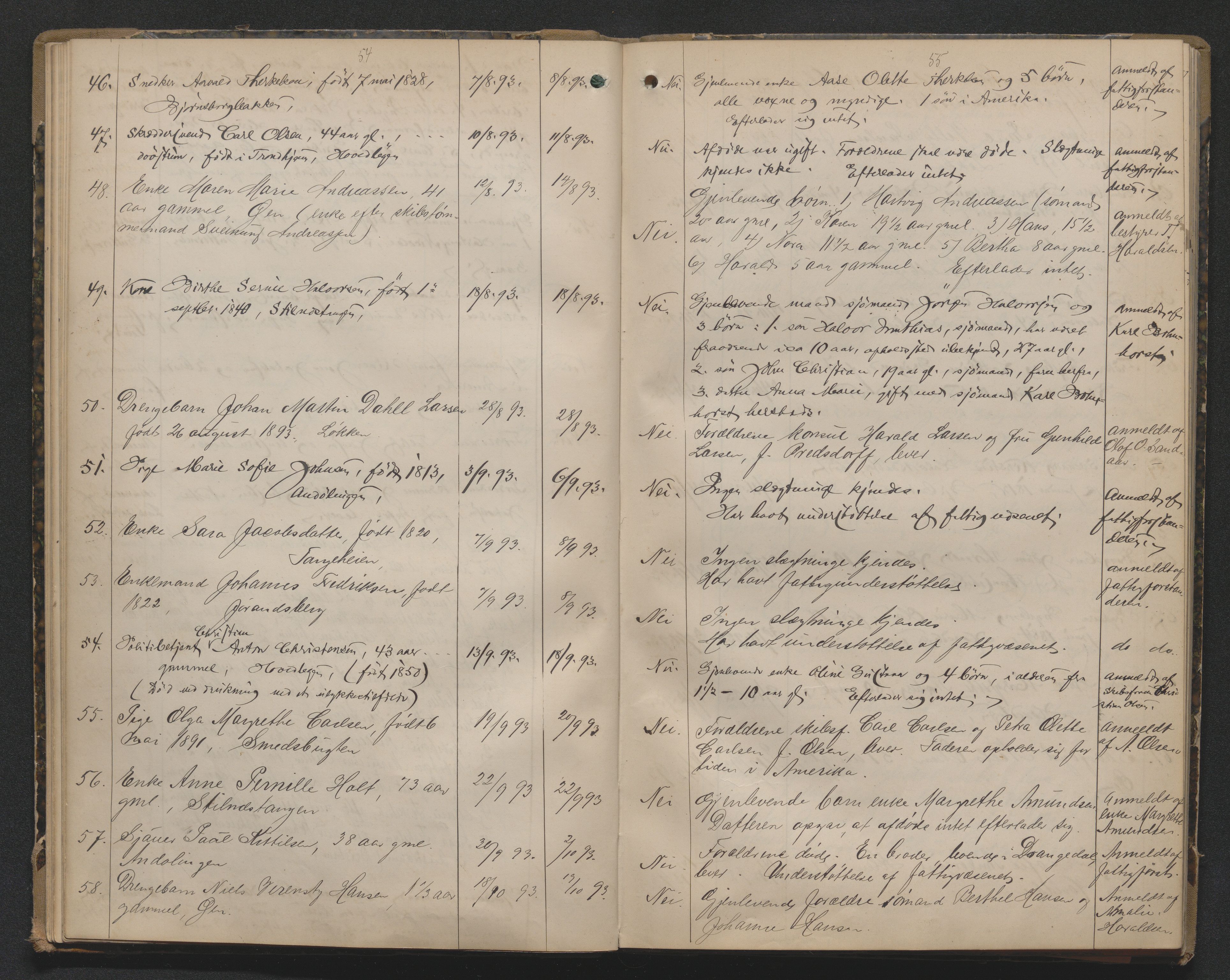 Kragerø sorenskriveri, AV/SAKO-A-65/H/Ha/Haa/L0001: Dødsanmeldelseprotokoll, 1890-1900, p. 54-55