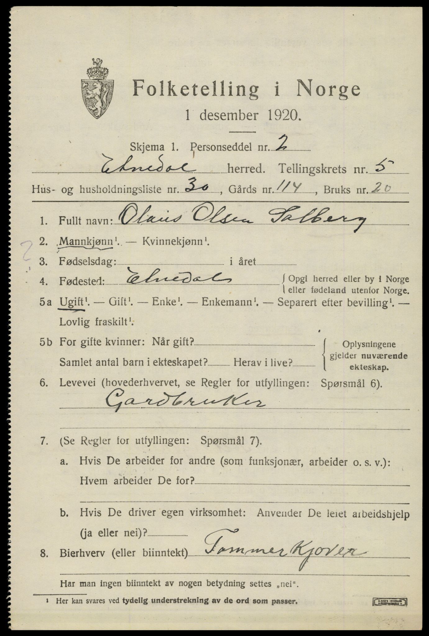 SAH, 1920 census for Etnedal, 1920, p. 2238