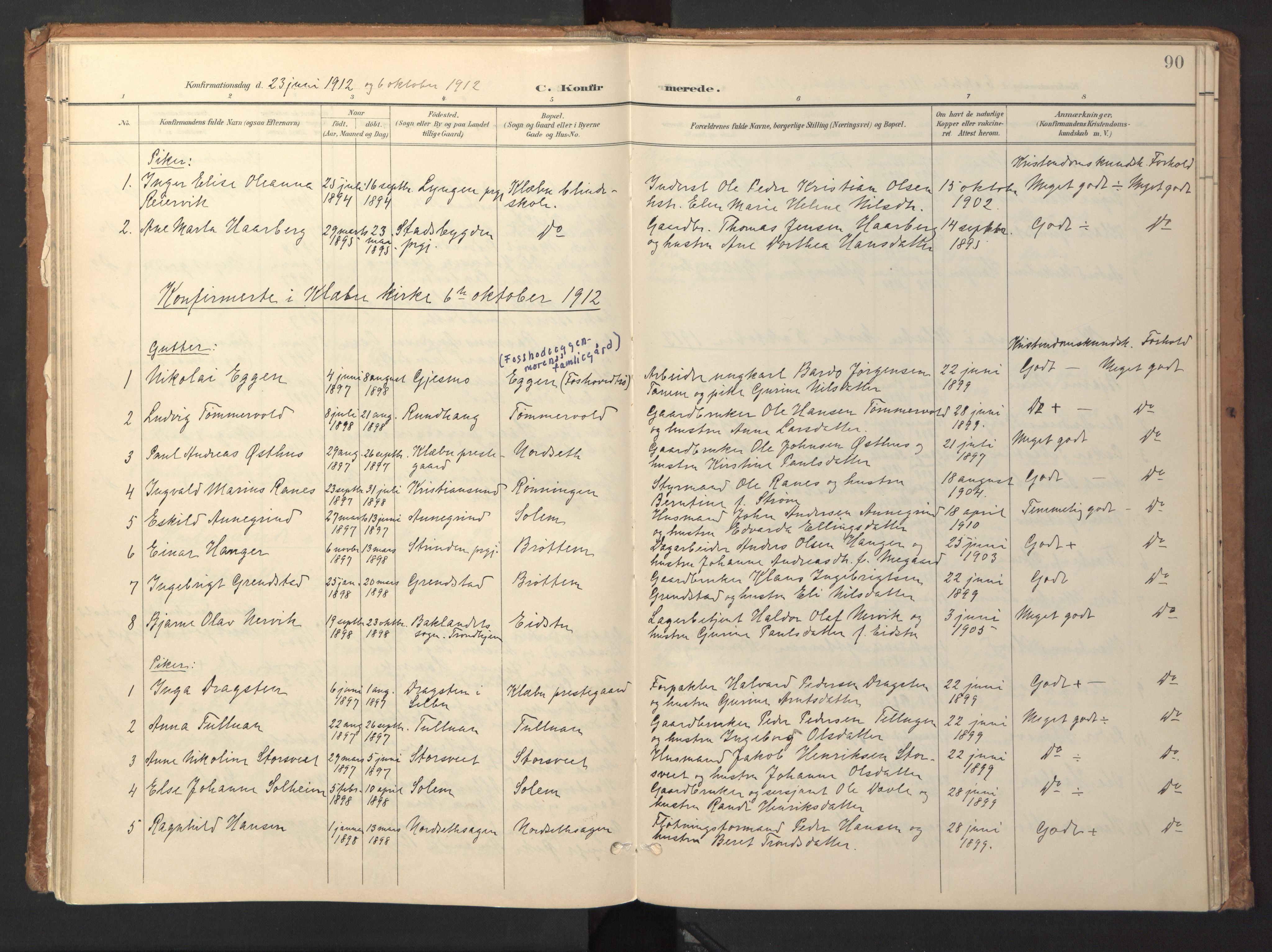 Ministerialprotokoller, klokkerbøker og fødselsregistre - Sør-Trøndelag, SAT/A-1456/618/L0448: Parish register (official) no. 618A11, 1898-1916, p. 90