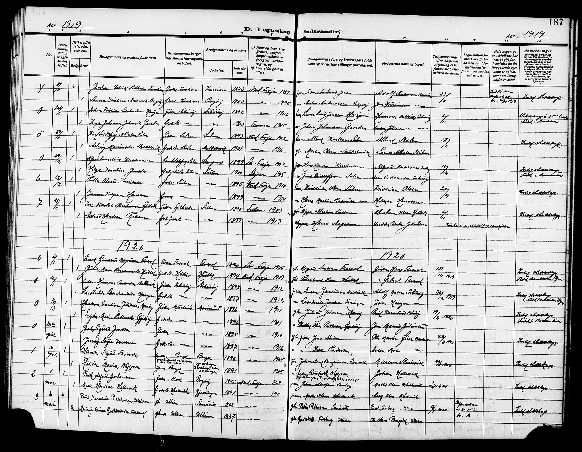 Ministerialprotokoller, klokkerbøker og fødselsregistre - Sør-Trøndelag, SAT/A-1456/640/L0588: Parish register (copy) no. 640C05, 1909-1922, p. 187