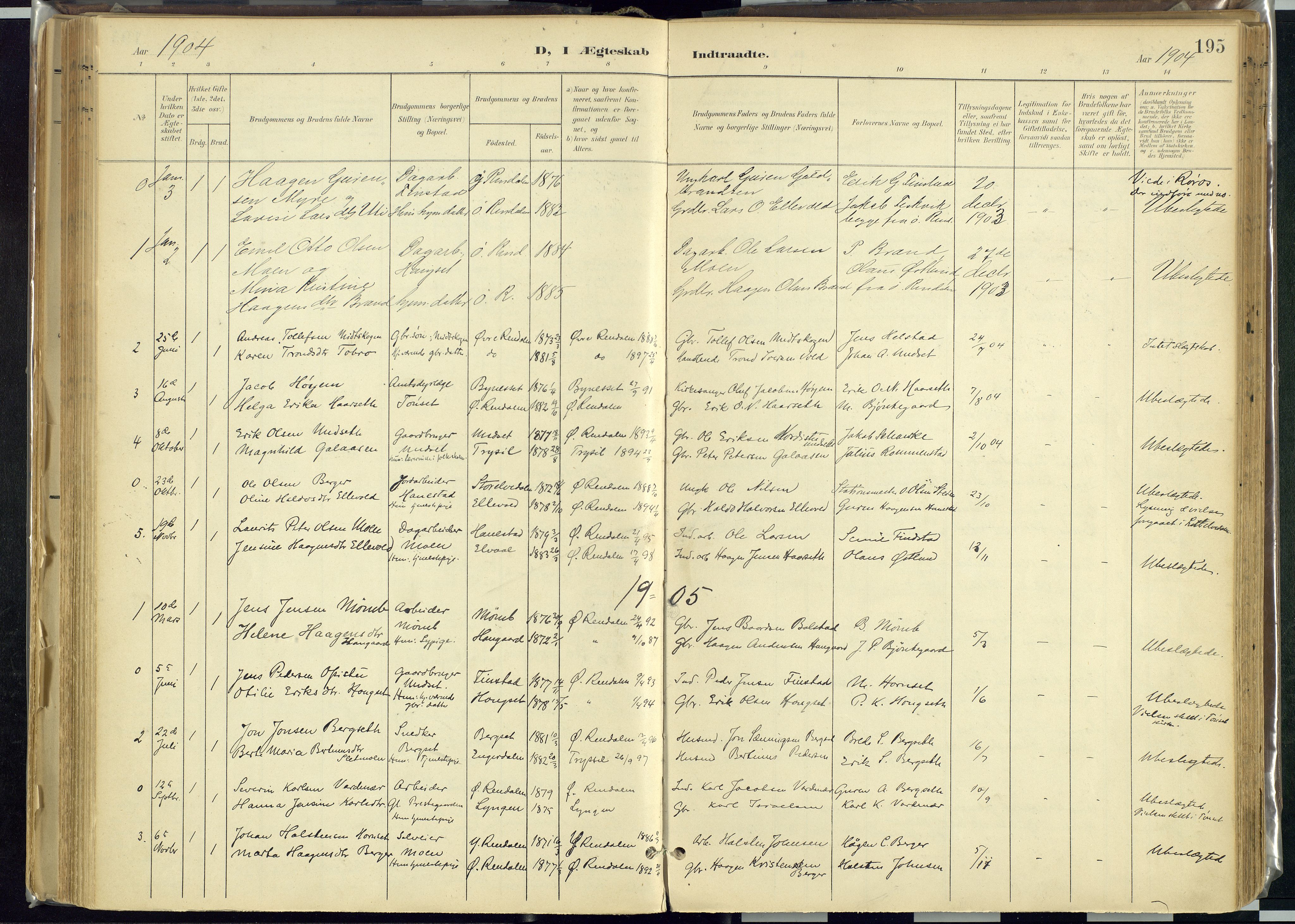 Rendalen prestekontor, SAH/PREST-054/H/Ha/Haa/L0012: Parish register (official) no. 12, 1901-1928, p. 195