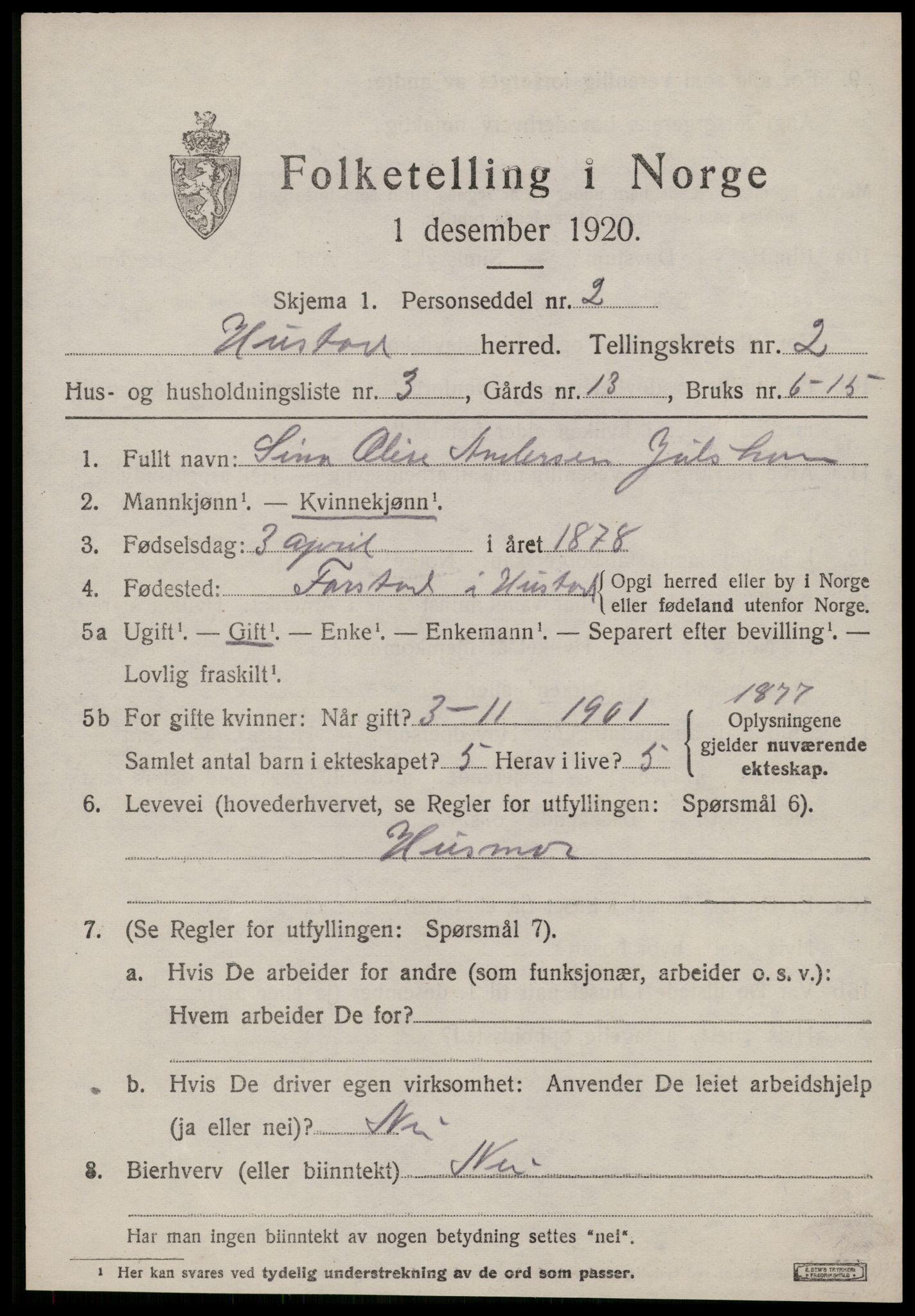 SAT, 1920 census for Hustad, 1920, p. 1557