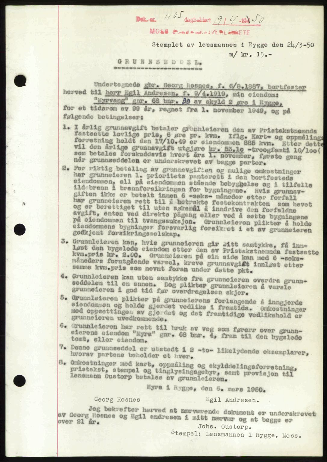 Moss sorenskriveri, SAO/A-10168: Mortgage book no. A25, 1950-1950, Diary no: : 1165/1950