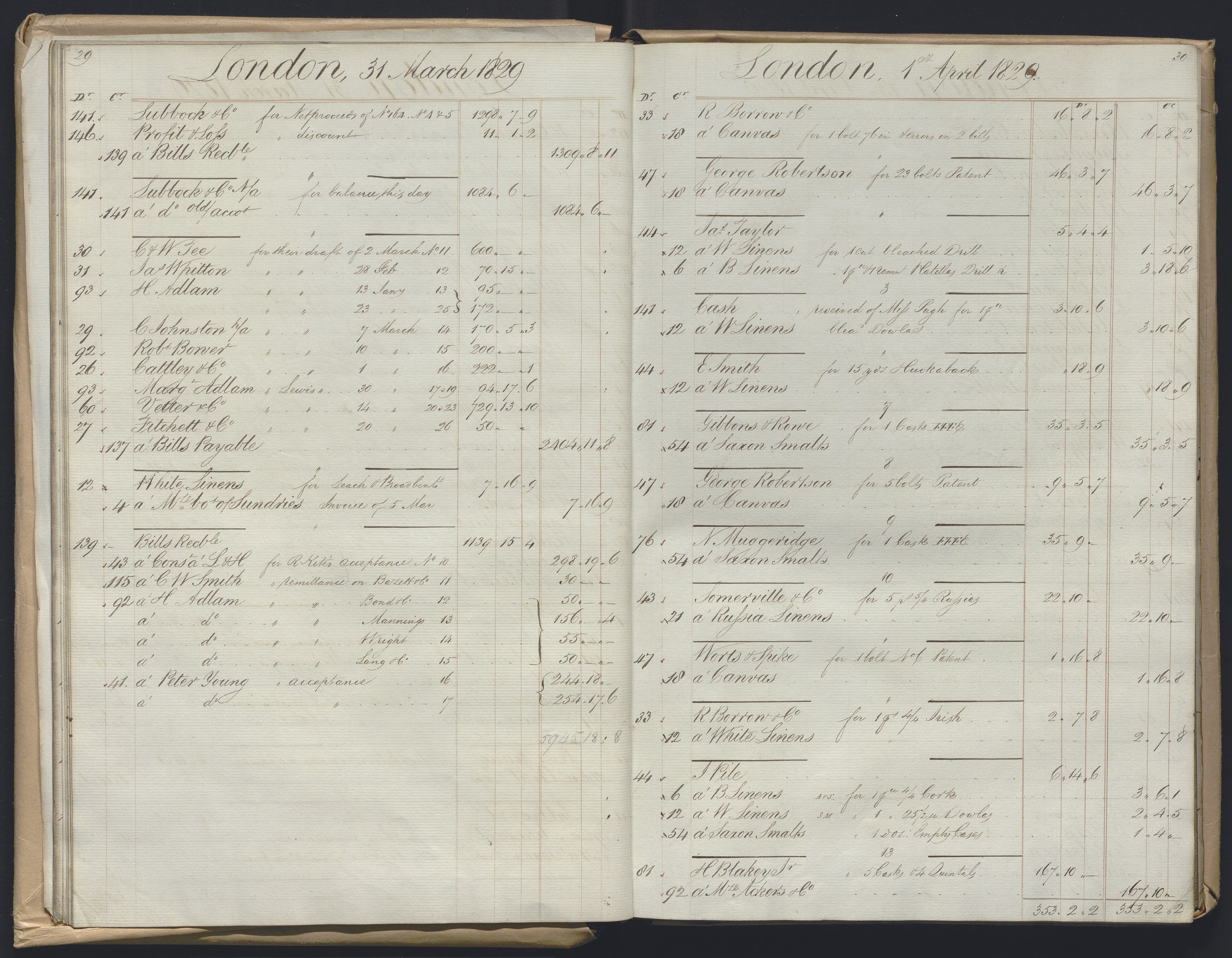 Smith, Goodhall & Reeves, RA/PA-0586/R/L0001: Dagbok (Daybook) A, 1829-1831, p. 29-30