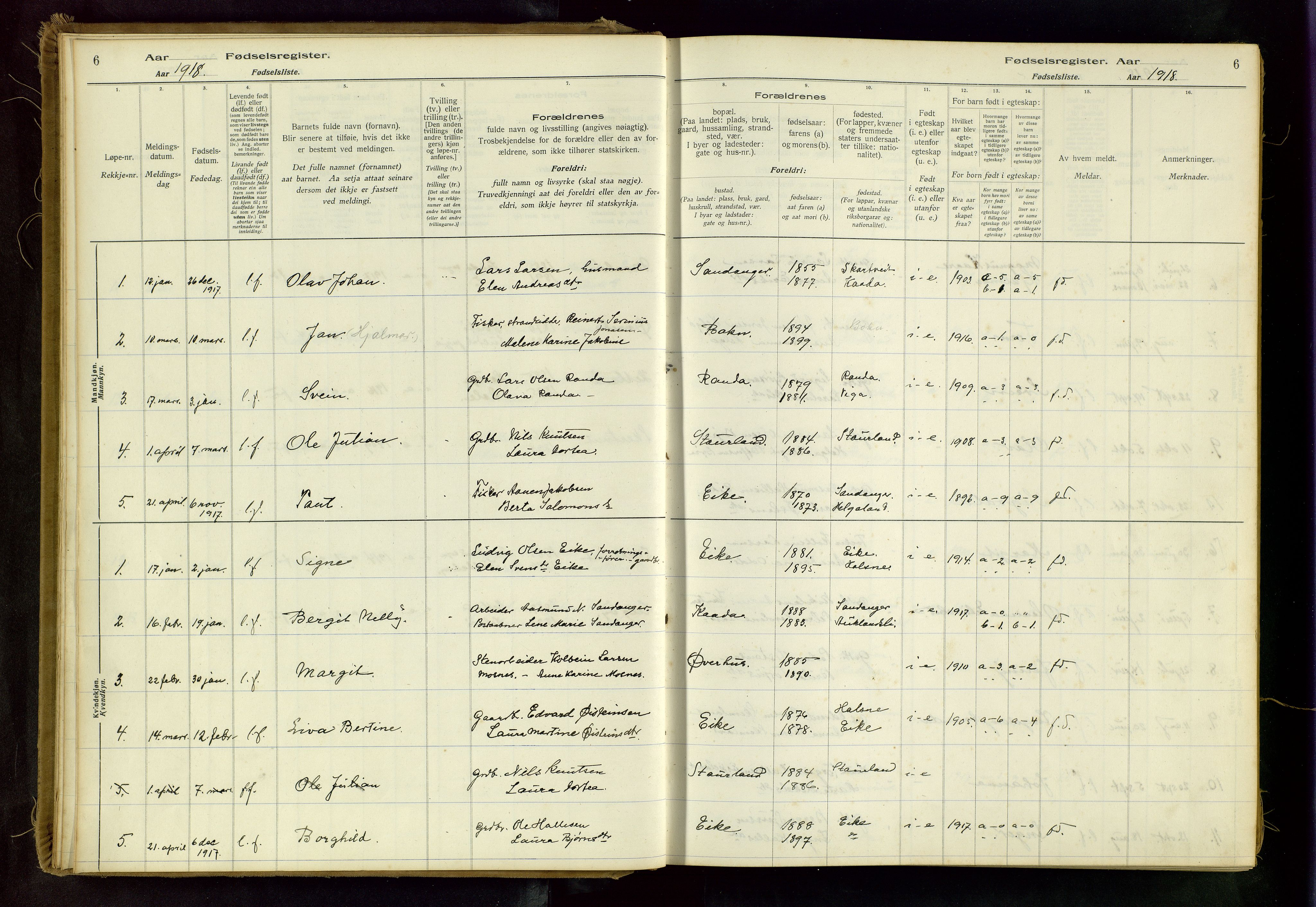 Hjelmeland sokneprestkontor, SAST/A-101843/02/B/L0003: Birth register no. 3, 1916-1997, p. 6