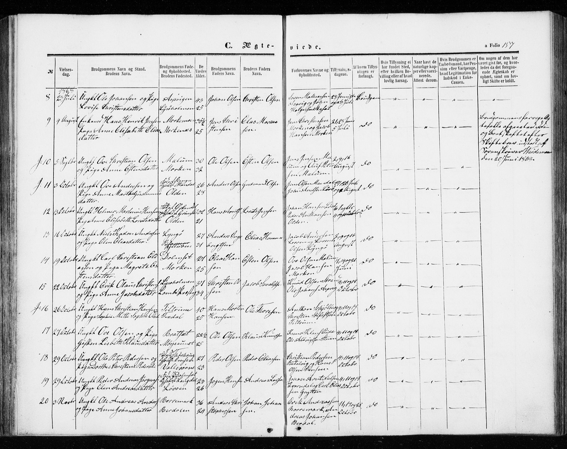 Ministerialprotokoller, klokkerbøker og fødselsregistre - Sør-Trøndelag, SAT/A-1456/655/L0678: Parish register (official) no. 655A07, 1861-1873, p. 157