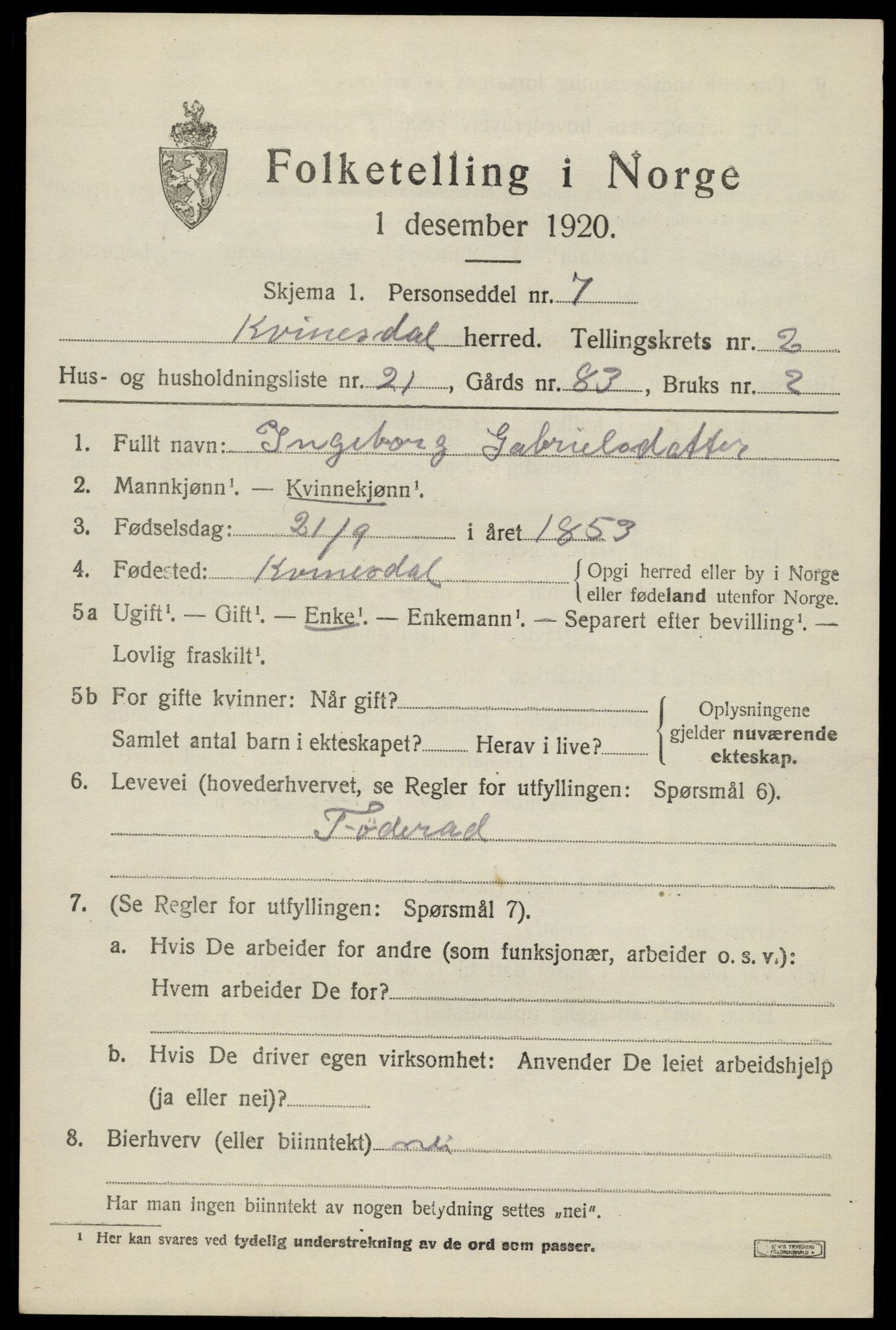 SAK, 1920 census for Kvinesdal, 1920, p. 2115