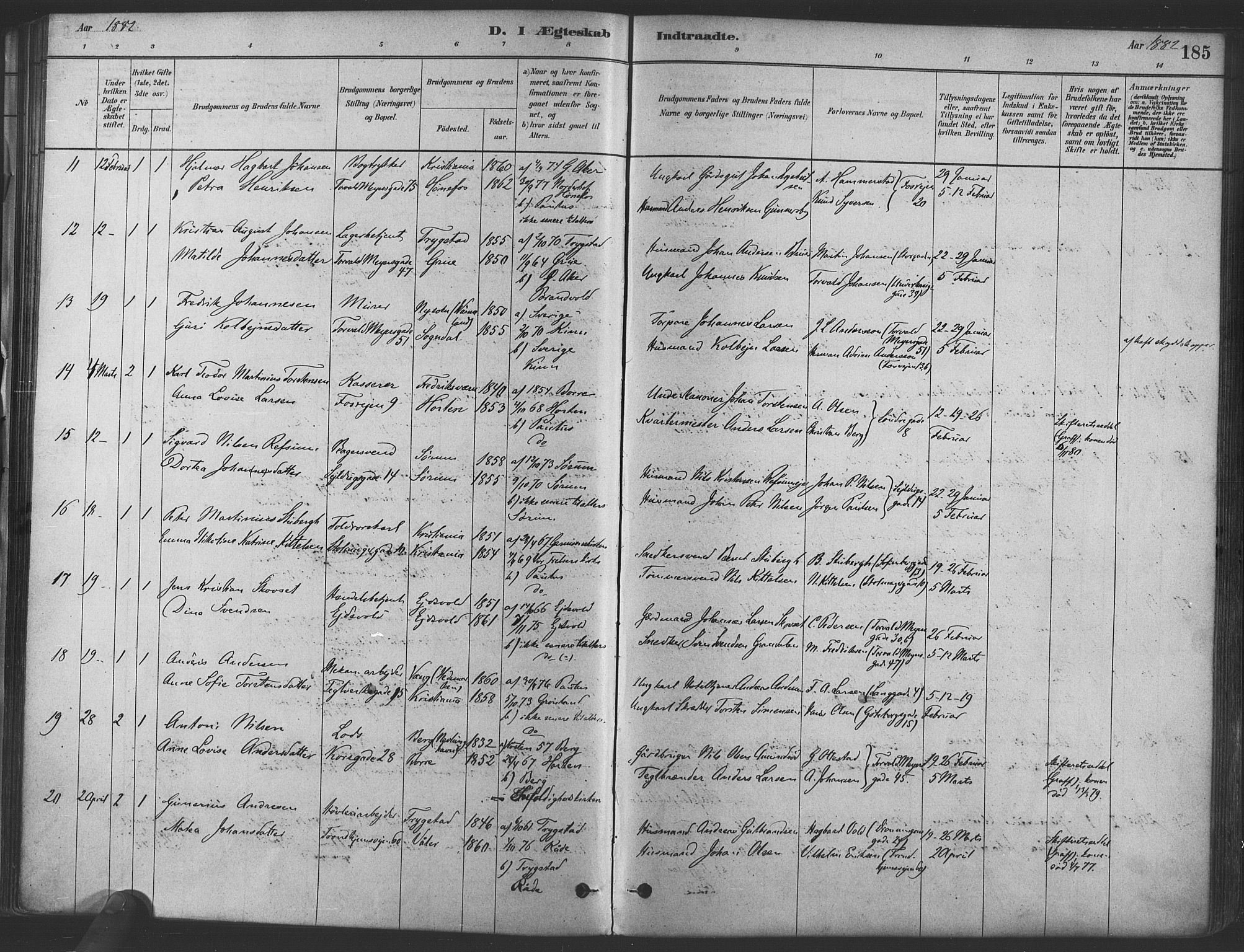 Paulus prestekontor Kirkebøker, AV/SAO-A-10871/F/Fa/L0004: Parish register (official) no. 4, 1879-1891, p. 185