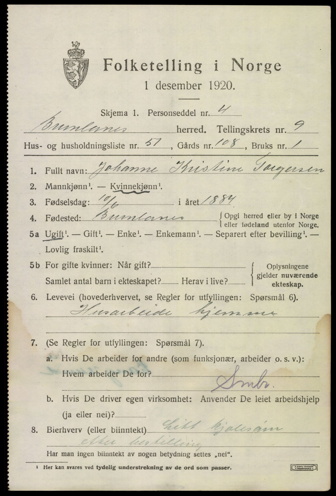 SAKO, 1920 census for Brunlanes, 1920, p. 8345