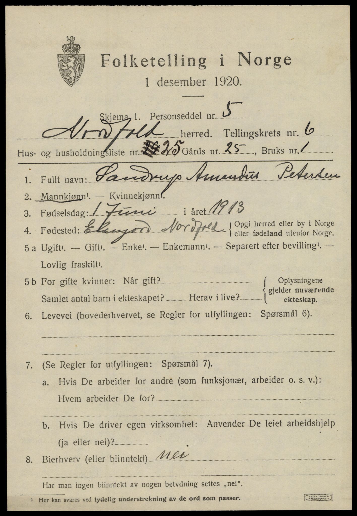 SAT, 1920 census for Nordfold, 1920, p. 2989