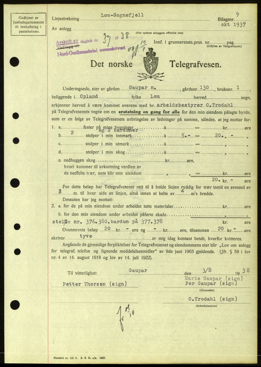 Nord-Gudbrandsdal tingrett, SAH/TING-002/H/Hb/Hbc/L0001: Mortgage book no. B47-B49, 1936-1939, Diary no: : 37/1938