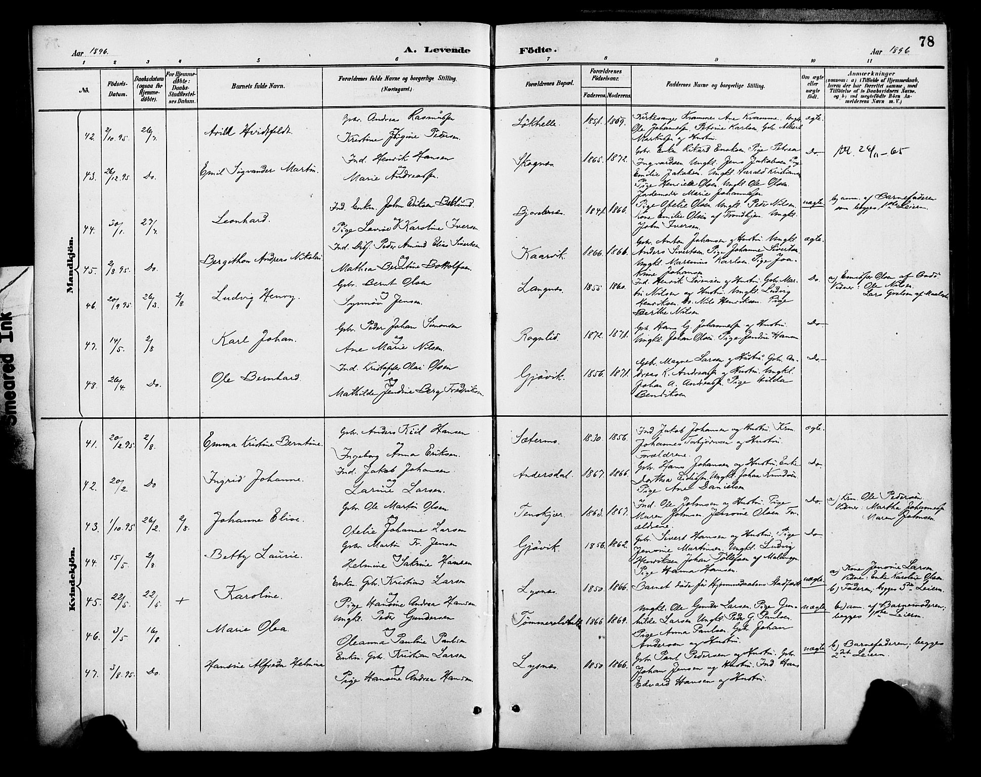 Lenvik sokneprestembete, AV/SATØ-S-1310/H/Ha/Haa/L0013kirke: Parish register (official) no. 13, 1890-1898, p. 78