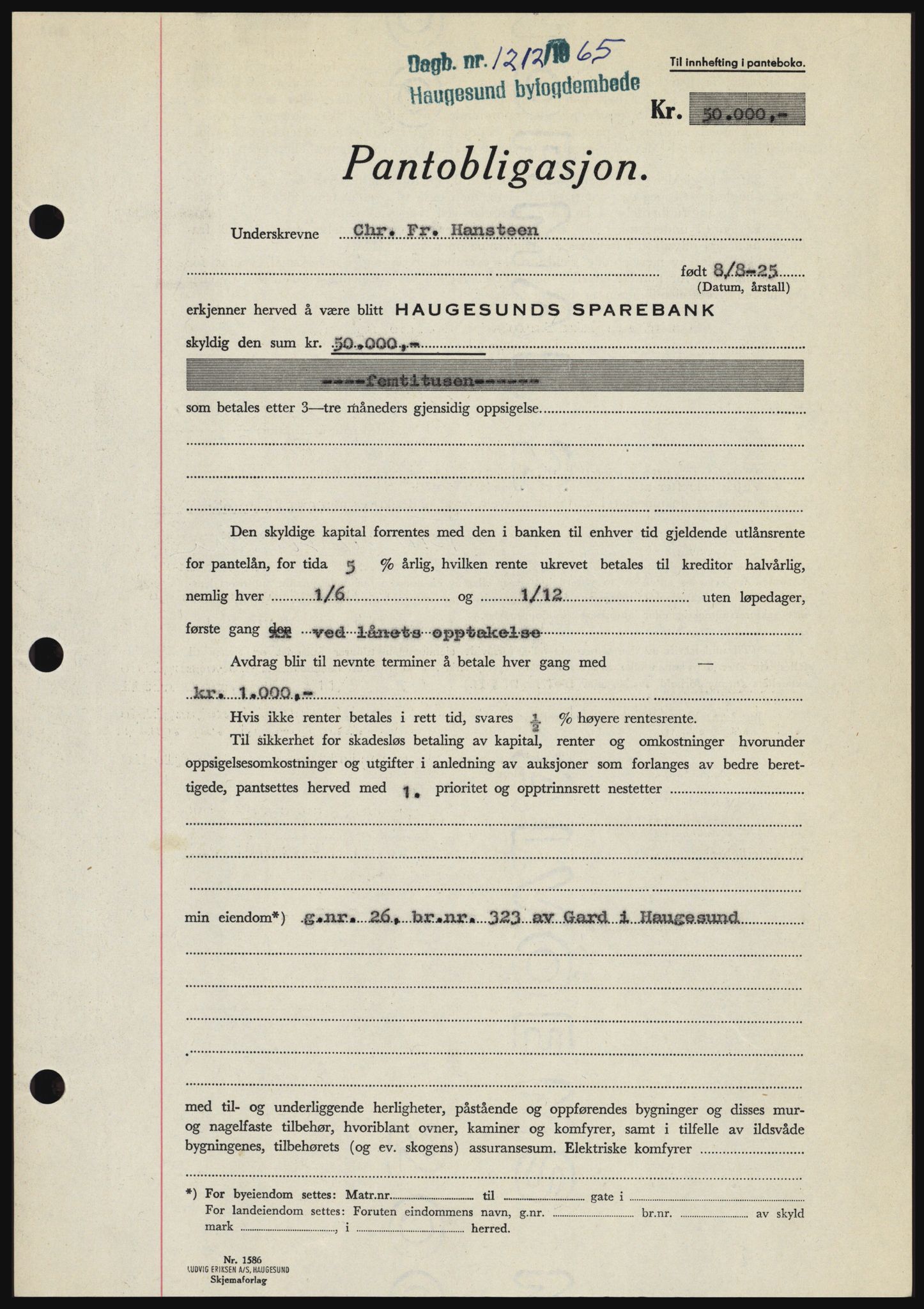 Haugesund tingrett, SAST/A-101415/01/II/IIC/L0053: Mortgage book no. B 53, 1965-1965, Diary no: : 1212/1965