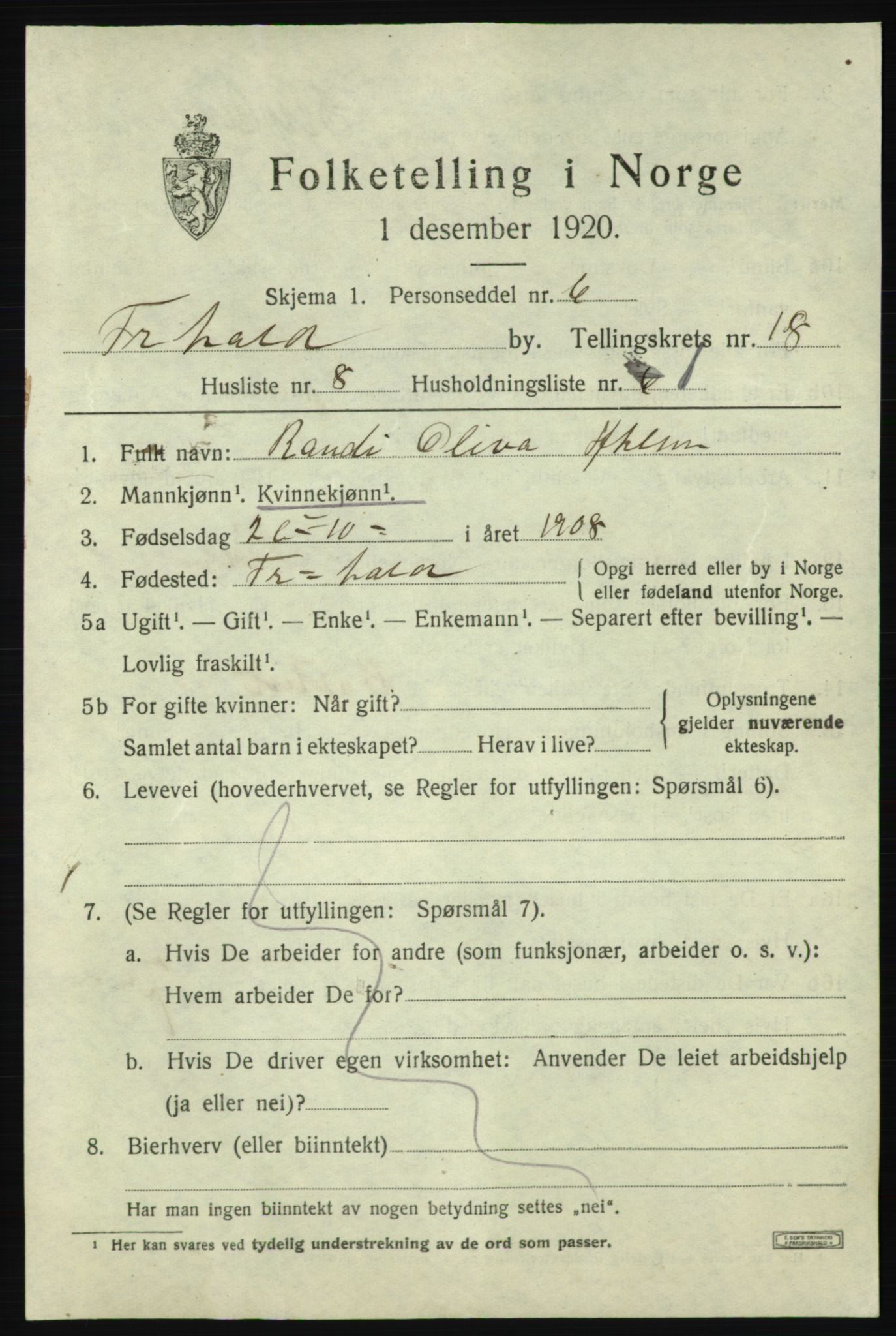 SAO, 1920 census for Fredrikshald, 1920, p. 27233