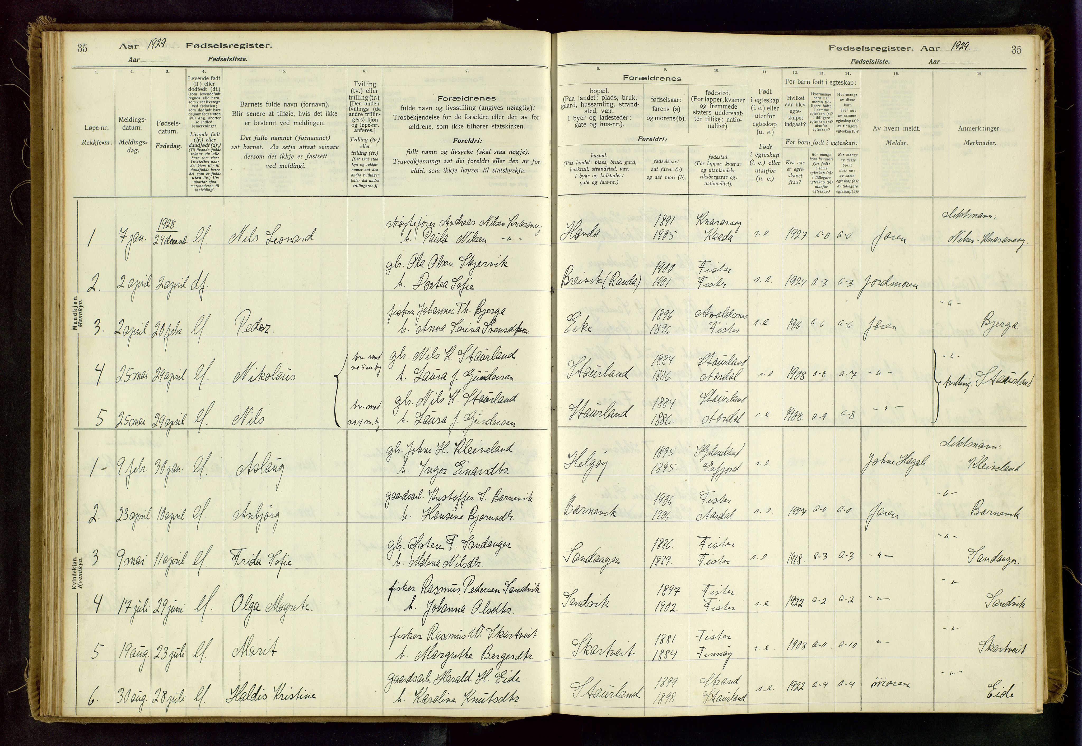 Hjelmeland sokneprestkontor, AV/SAST-A-101843/02/B/L0003: Birth register no. 3, 1916-1997, p. 35