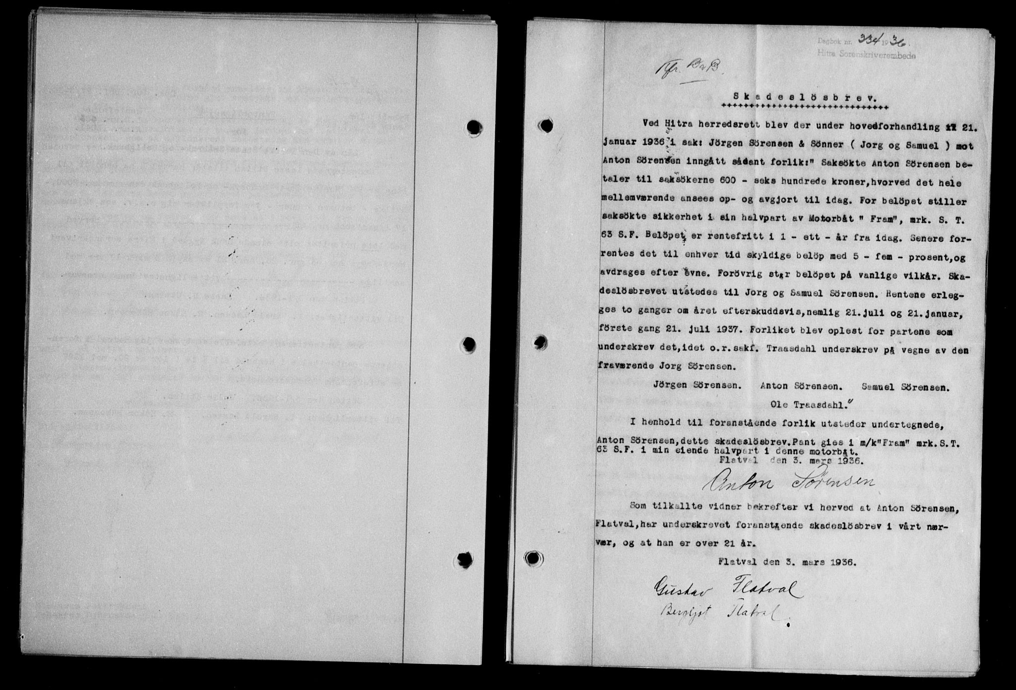 Hitra sorenskriveri, AV/SAT-A-0018/2/2C/2Ca/L0028: Mortgage book no. B-1, 1936-1939, Diary no: : 334/1936