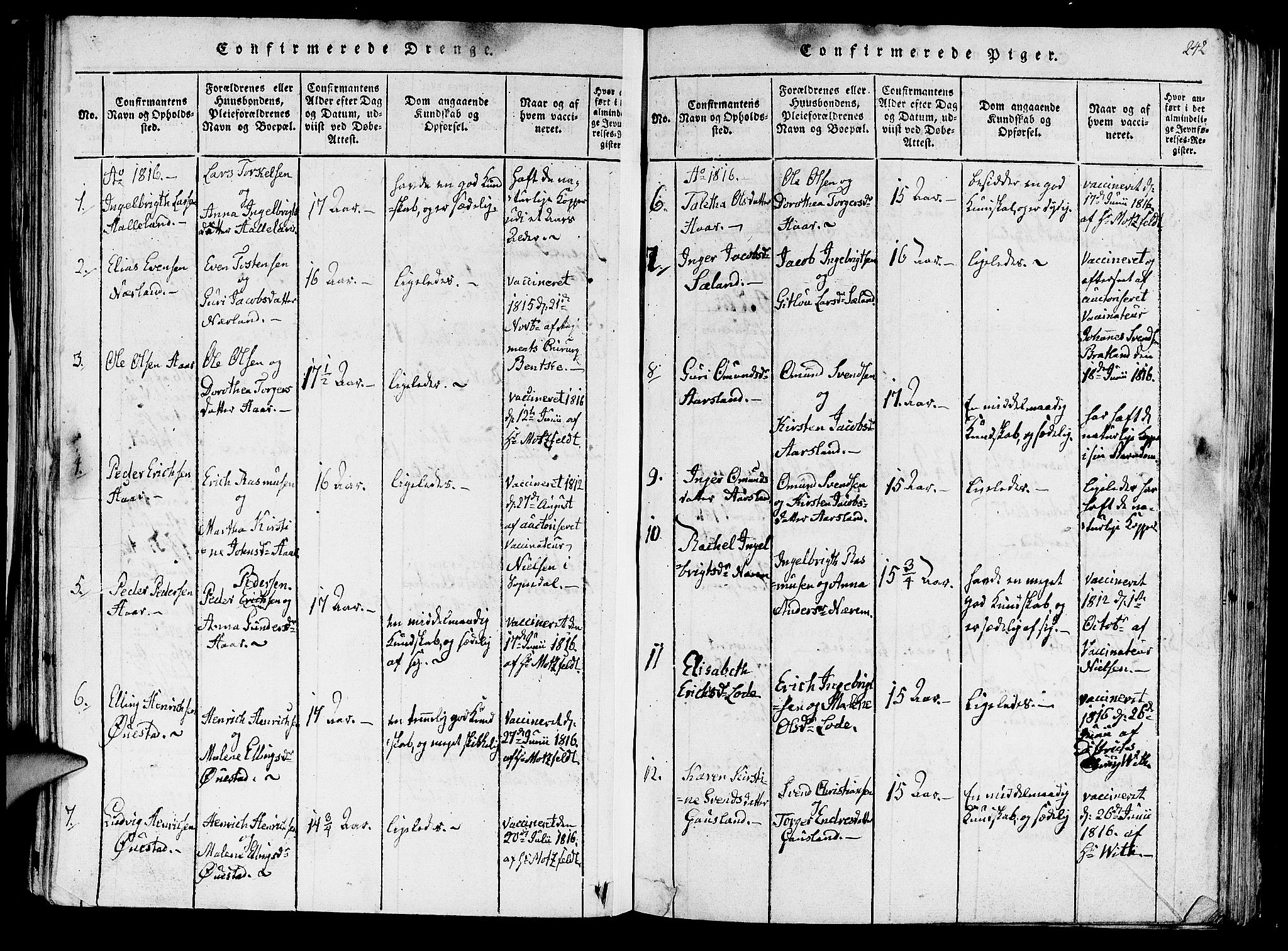 Hå sokneprestkontor, SAST/A-101801/001/30BA/L0003: Parish register (official) no. A 3, 1815-1825, p. 242