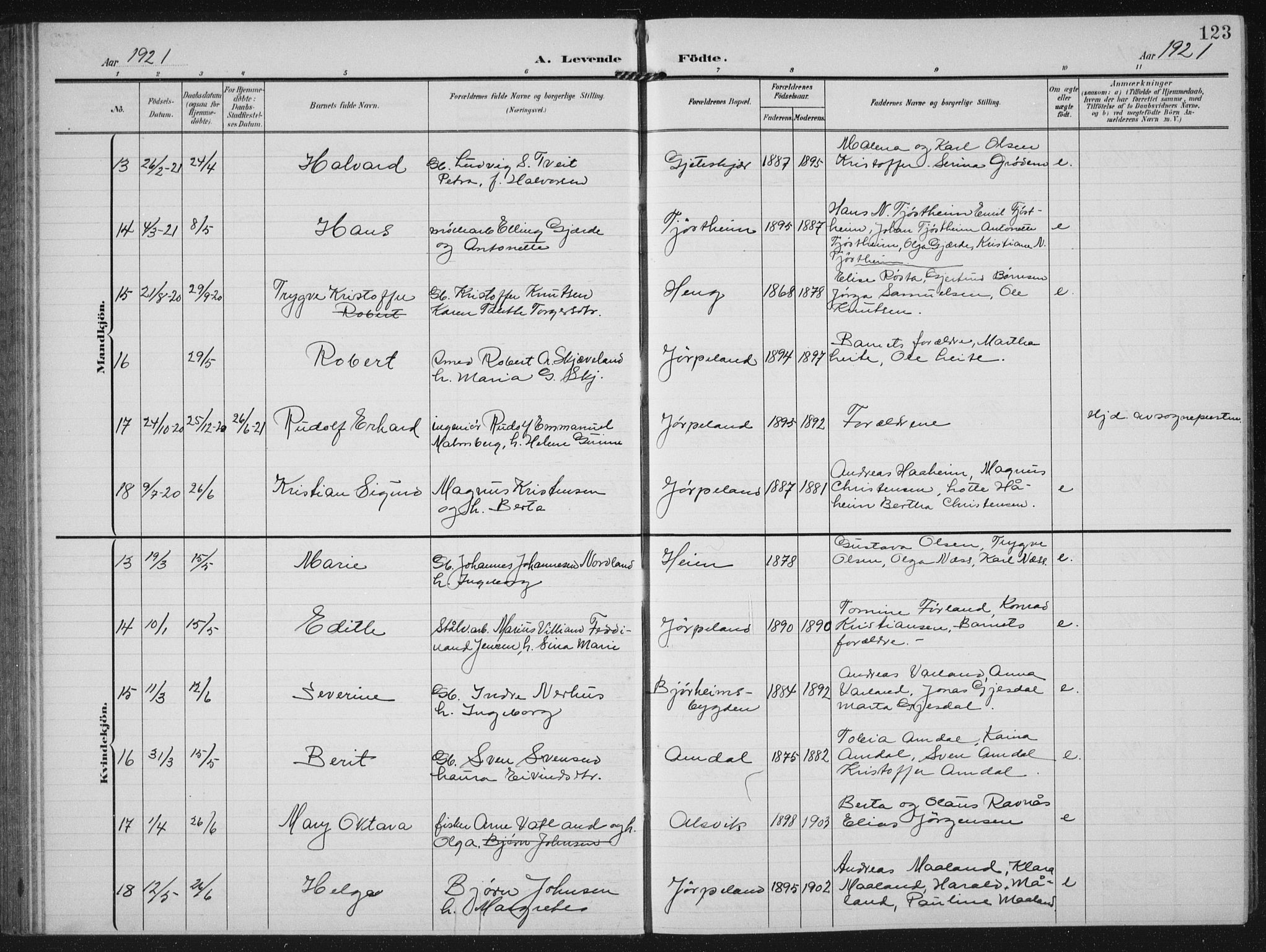 Strand sokneprestkontor, AV/SAST-A-101828/H/Ha/Hab/L0005: Parish register (copy) no. B 5, 1904-1934, p. 123