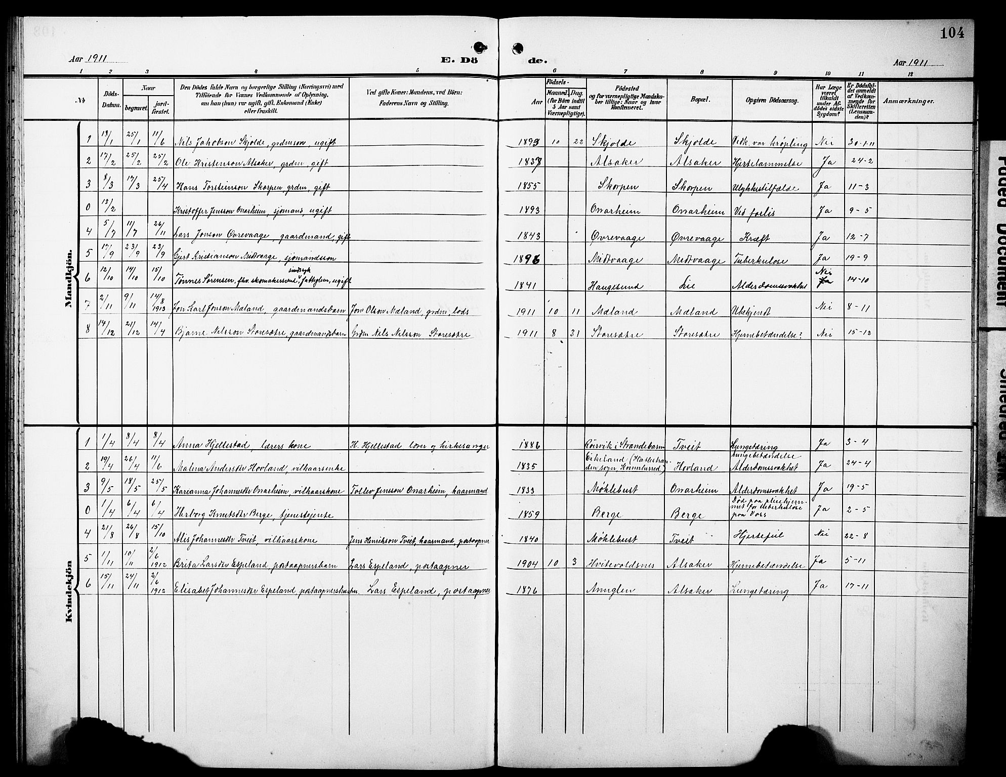 Tysnes sokneprestembete, SAB/A-78601/H/Hab: Parish register (copy) no. C 3, 1908-1924, p. 104