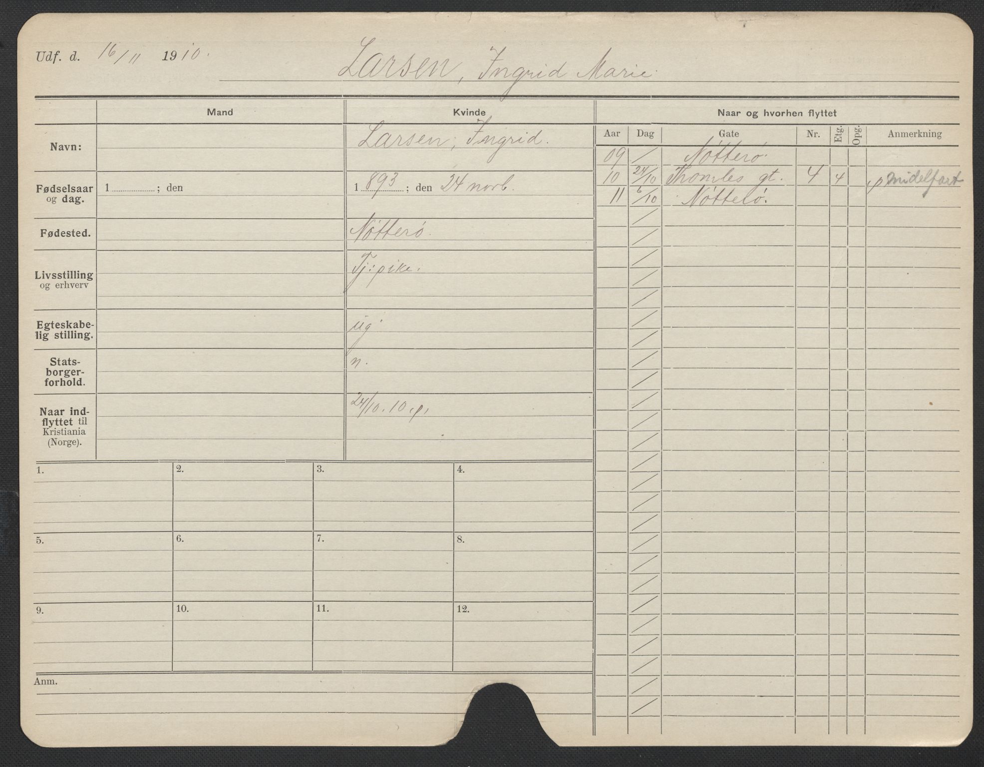 Oslo folkeregister, Registerkort, AV/SAO-A-11715/F/Fa/Fac/L0019: Kvinner, 1906-1914, p. 950a