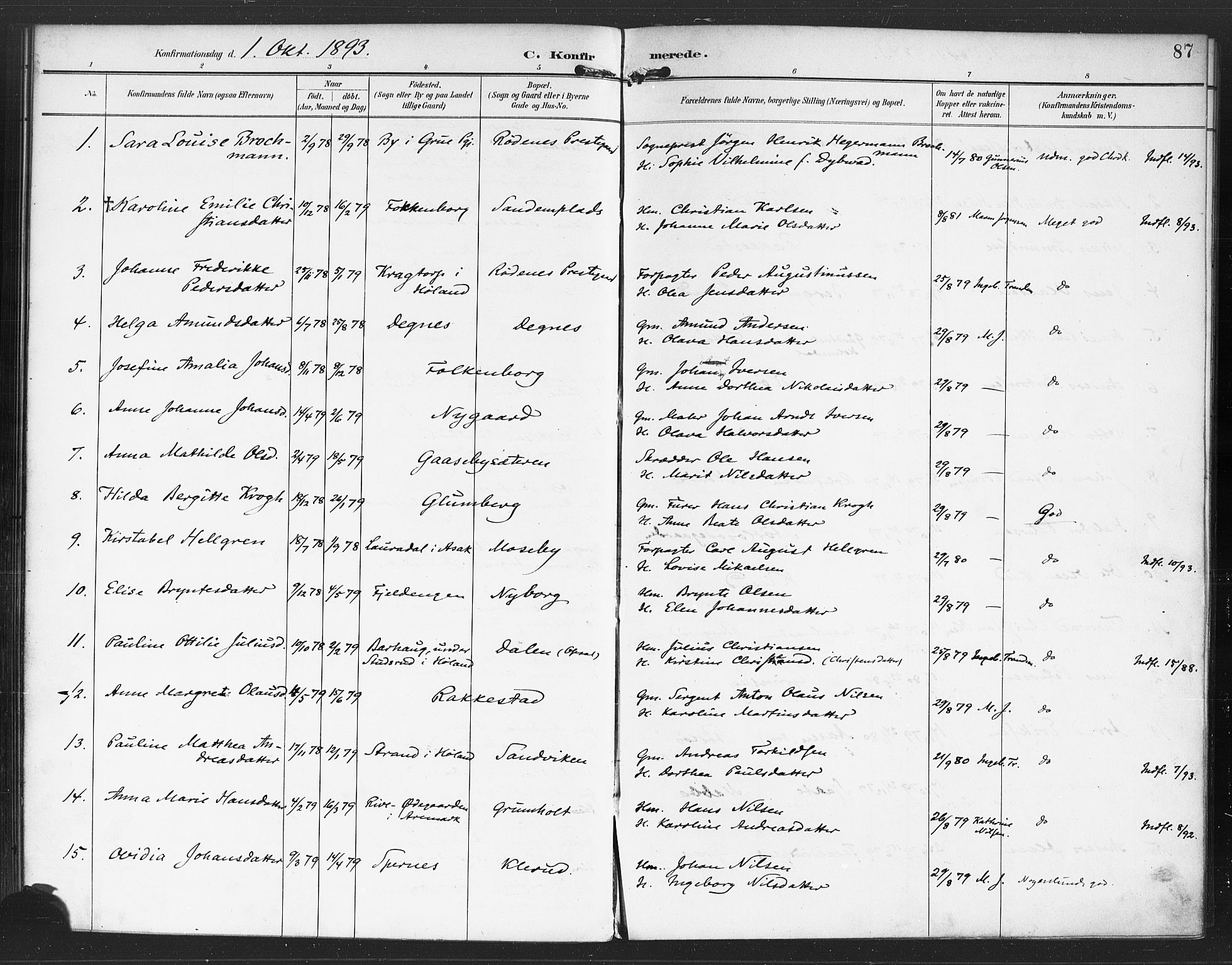 Rødenes prestekontor Kirkebøker, AV/SAO-A-2005/F/Fa/L0010: Parish register (official) no. I 10, 1890-1900, p. 87