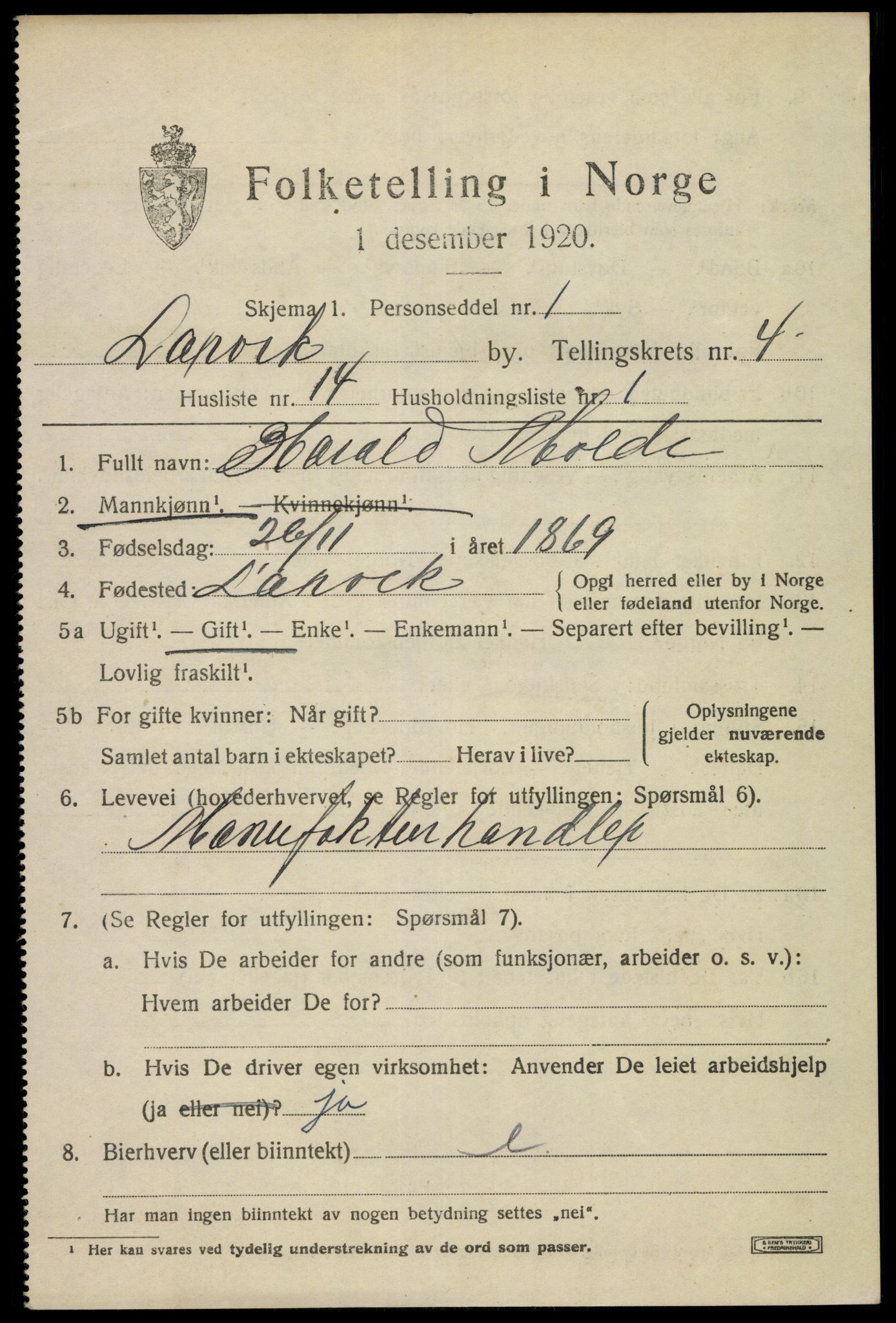 SAKO, 1920 census for Larvik, 1920, p. 13652